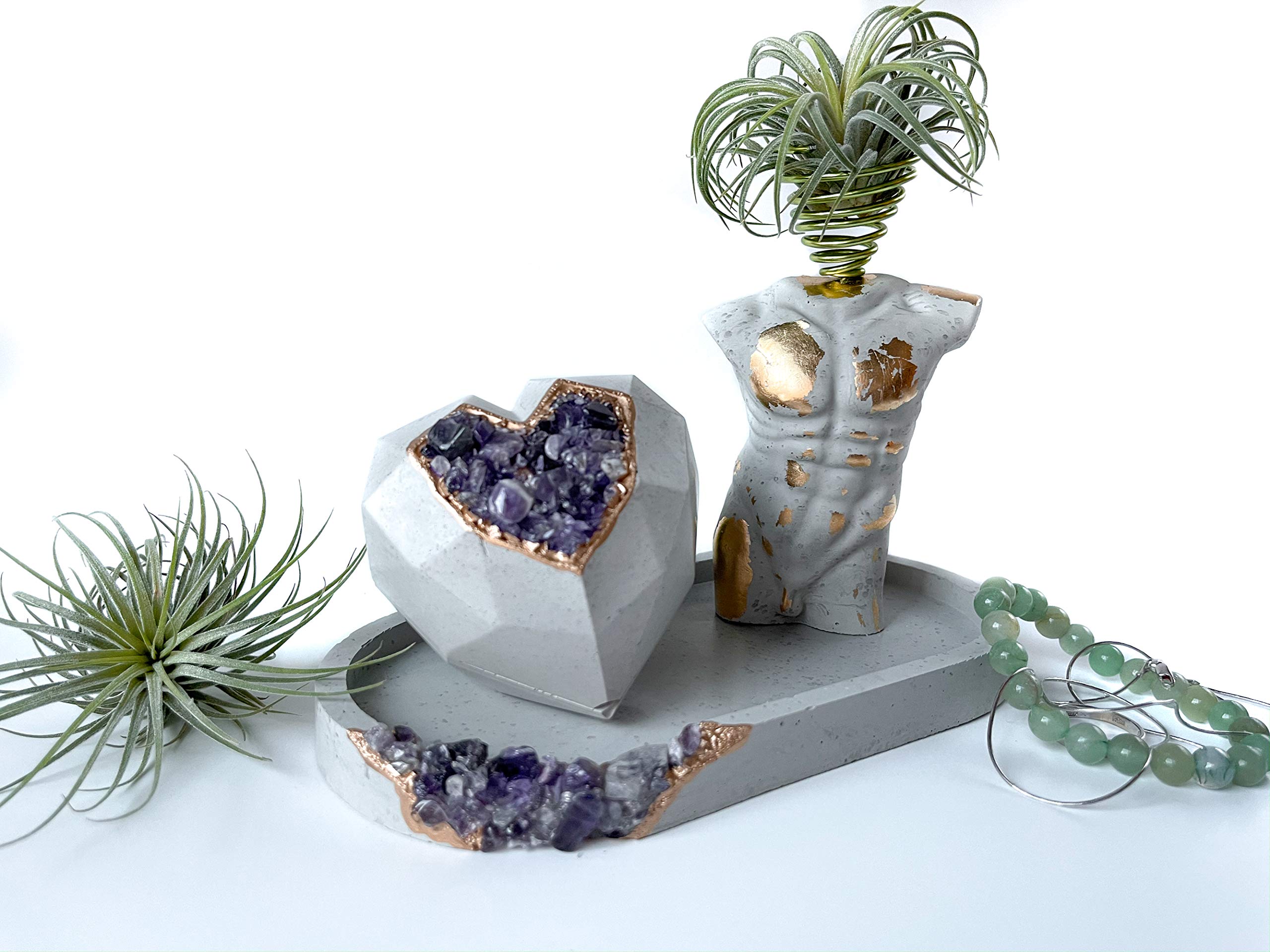 Set of 2 Air Plant Holders - Unique Concrete Mini Body Sculptures with Gold Leaf Accents | Modern Tillandsia Display Pots for Boho Home Decor | Perfect for Desk, Table, Shelf & Office Decorations