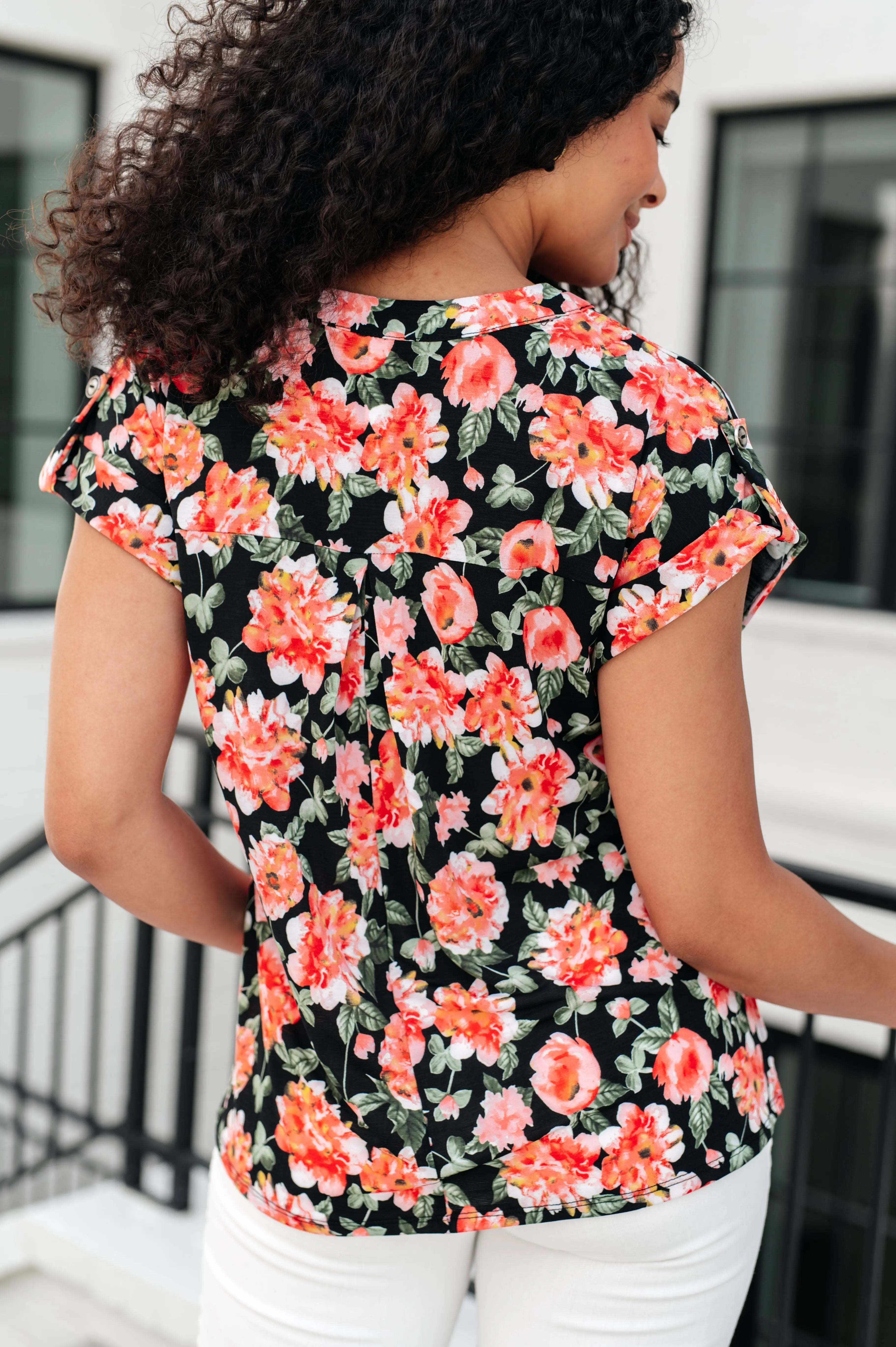 Lizzy Cap Sleeve Women's Blouse - Floral Print Black & Coral Top for Casual Wear, Office, and Date Night Outfits