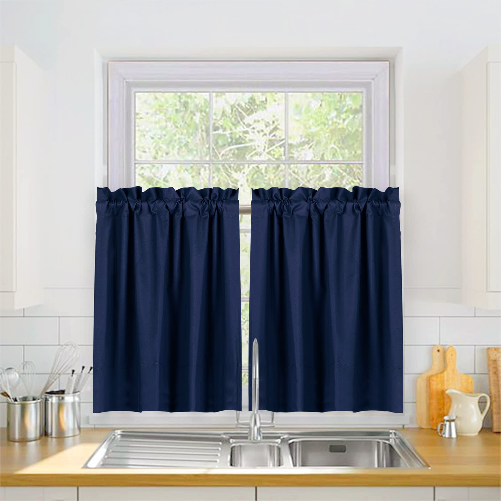 Valea Home Blackout Curtains for Small Windows - 30 x 36 Inch Navy Blue Room Darkening Short Curtains with Rod Pocket - 2 Panels Set for Kitchen, Bedroom & Home Decor - Perfect for Light Control and Privacy