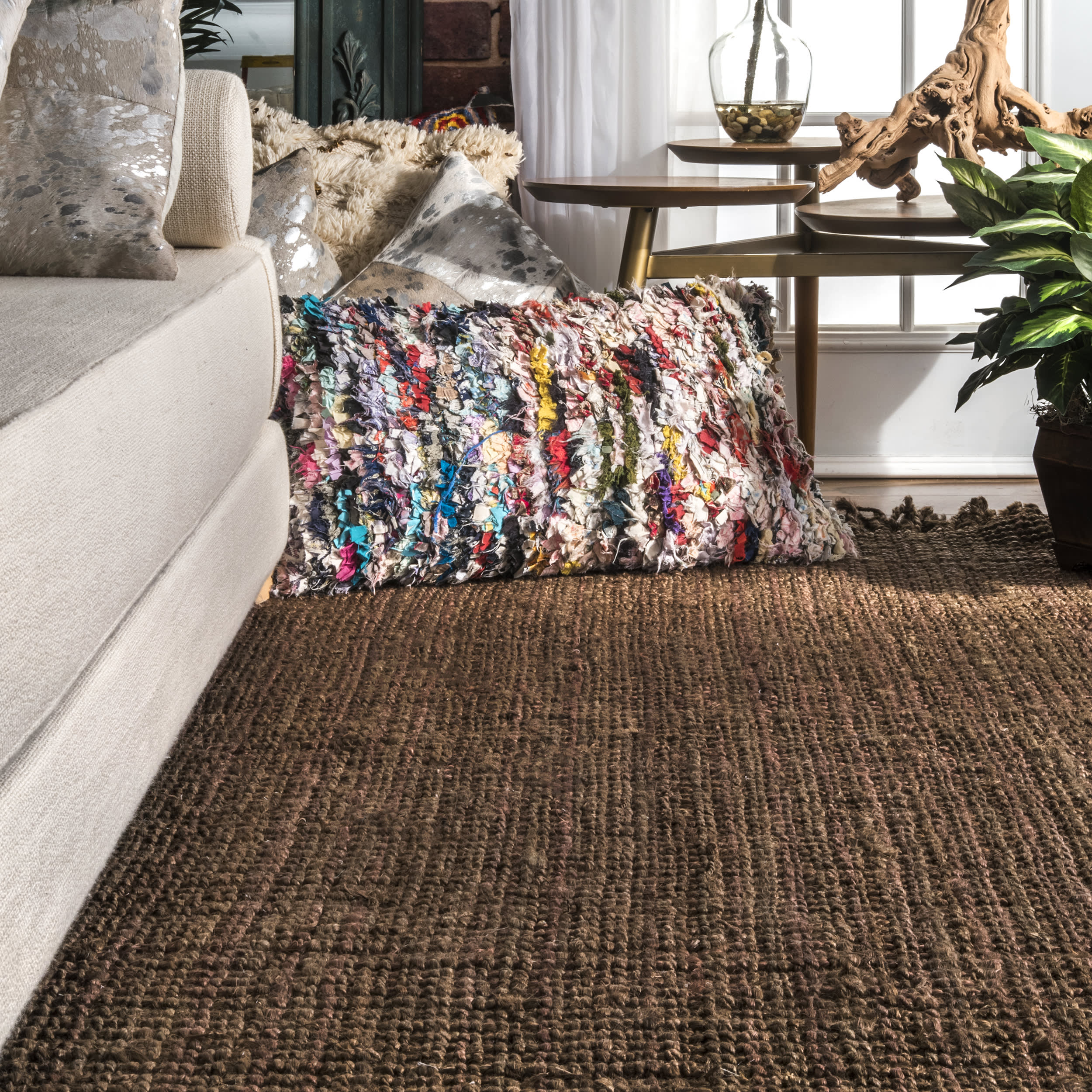 Chunky Jute Tasseled Rug - Handwoven Natural Fiber Bohemian Floor Mat in Chocolate Brown | Perfect for Living Room, Bedroom or Nursery Decor