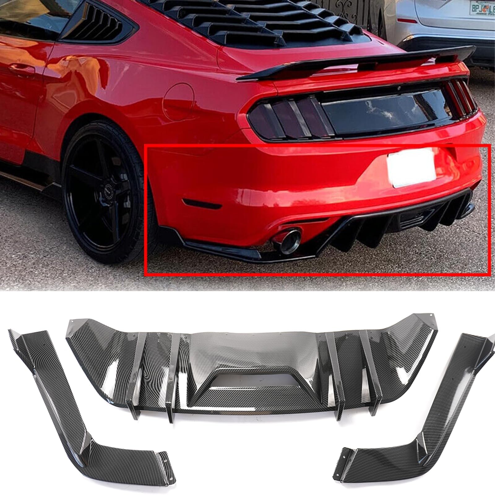 Ford Mustang 2015-2017 Rear Bumper Diffuser - HN Style Carbon Fiber Print Lower Spoiler Splitter | Aggressive Styling Upgrade for Street Racing & Car Shows