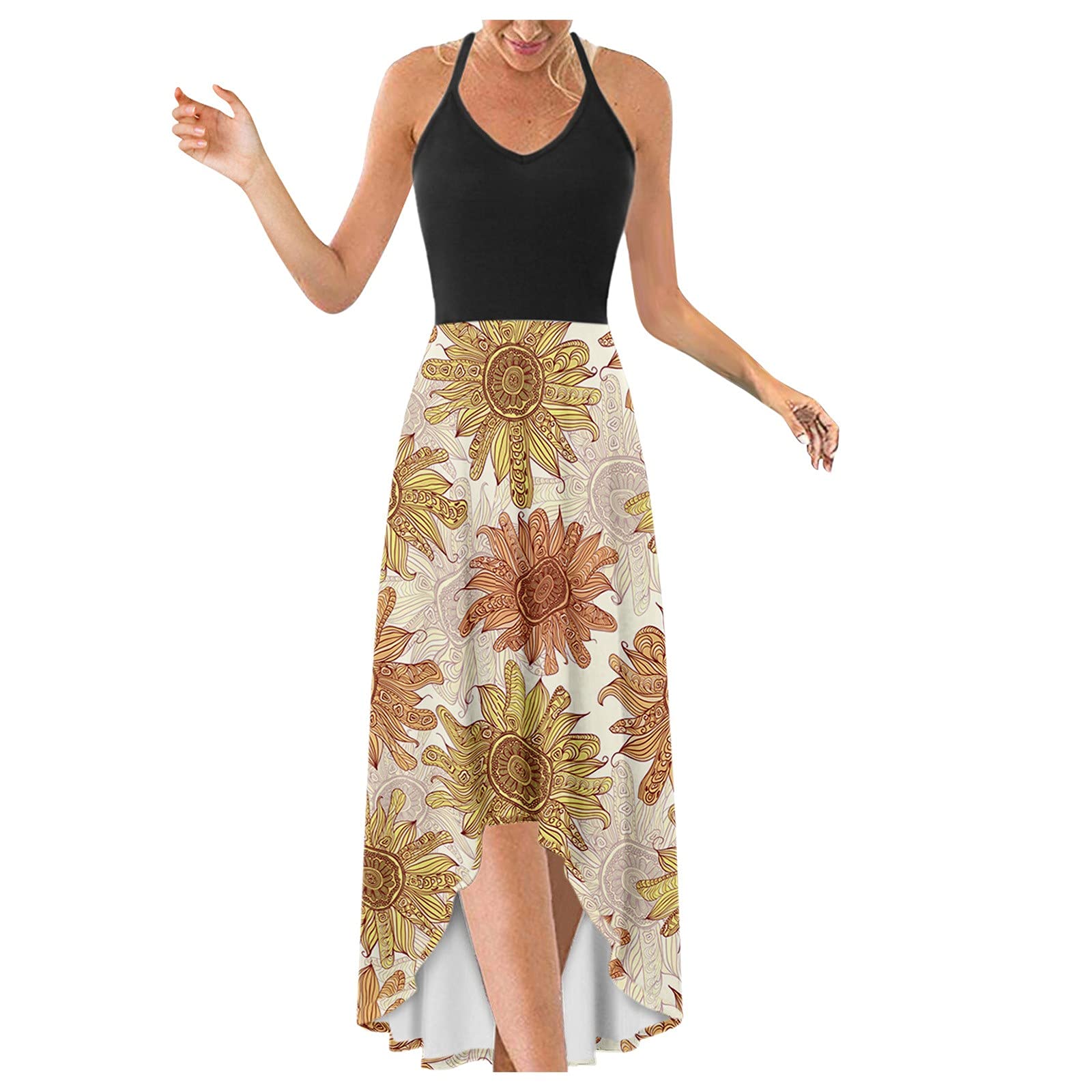 Women's Casual V-Neck Lace Print Shirt Dress with Irregular Hem - Flowy Long Camisole Dress for Everyday Wear, Office & Date Night
