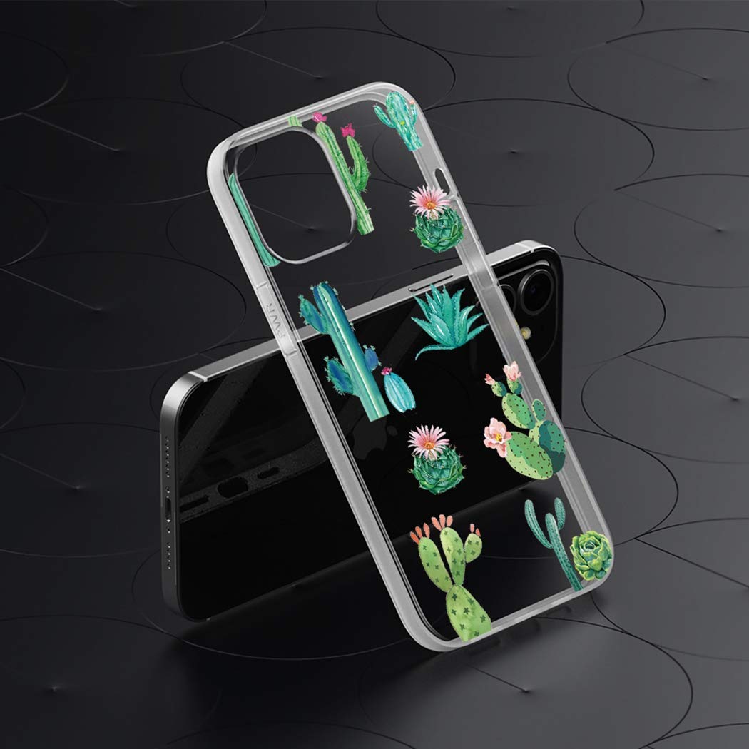 Premium Clear Shockproof TPU Case for iPhone 12 Mini (5.4 inch) - Soft Protective Phone Cover for Women & Girls | Cactus Design | Perfect for Everyday Use, Work & Travel Protection