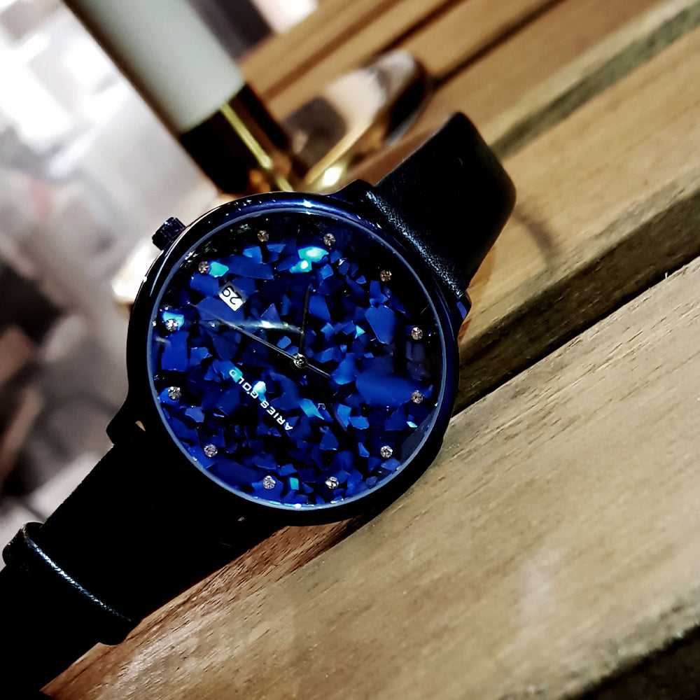 Aries Gold Enchant Fleur Blue Leather Strap Women's Watch - Elegant Timepiece for Casual Wear, Office & Special Occasions