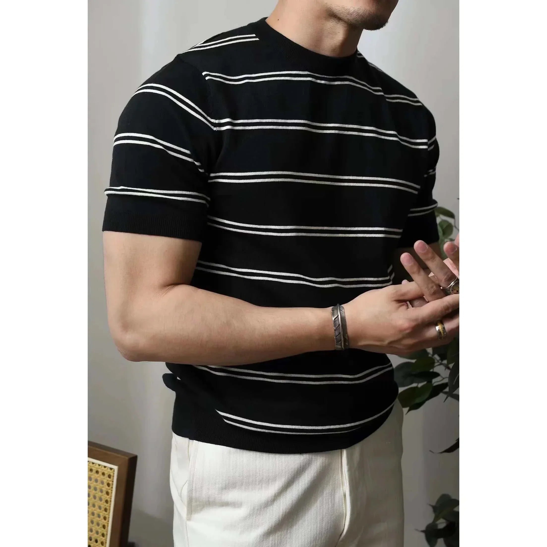 Stylish Smart Casual Striped Summer T-Shirt for Men - Breathable Cotton Comfort Wear for Outdoor Activities & Casual Outings