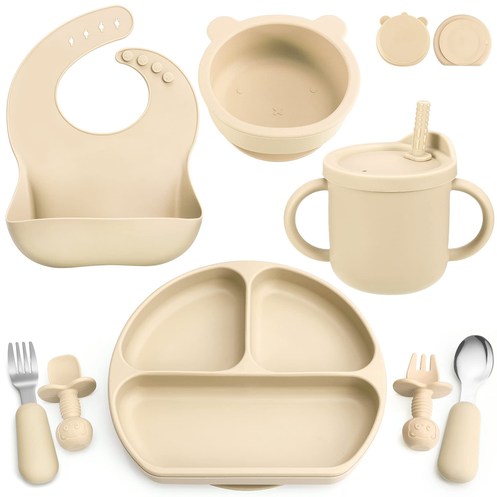 **Silicone Baby Feeding Set - Self Feeding Dish with Suction Bowl, Divided Plate, Spoons, Forks, Sippy Cup & Adjustable Bib - Toddler Weaning Supplies for 6+ Months (Beige) - Perfect for Baby-Led Weaning, Mess-Free Meals & Travel**