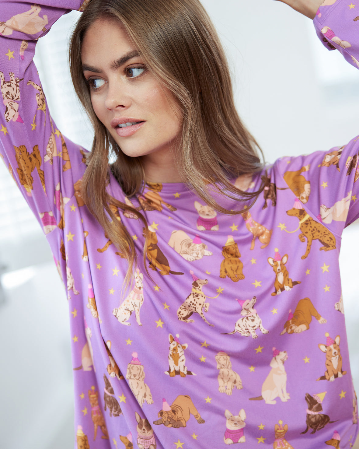 Party Dogs Print Long Pajama Set for Women - Cute & Comfortable Sleepwear for Nighttime & Lounging at Home