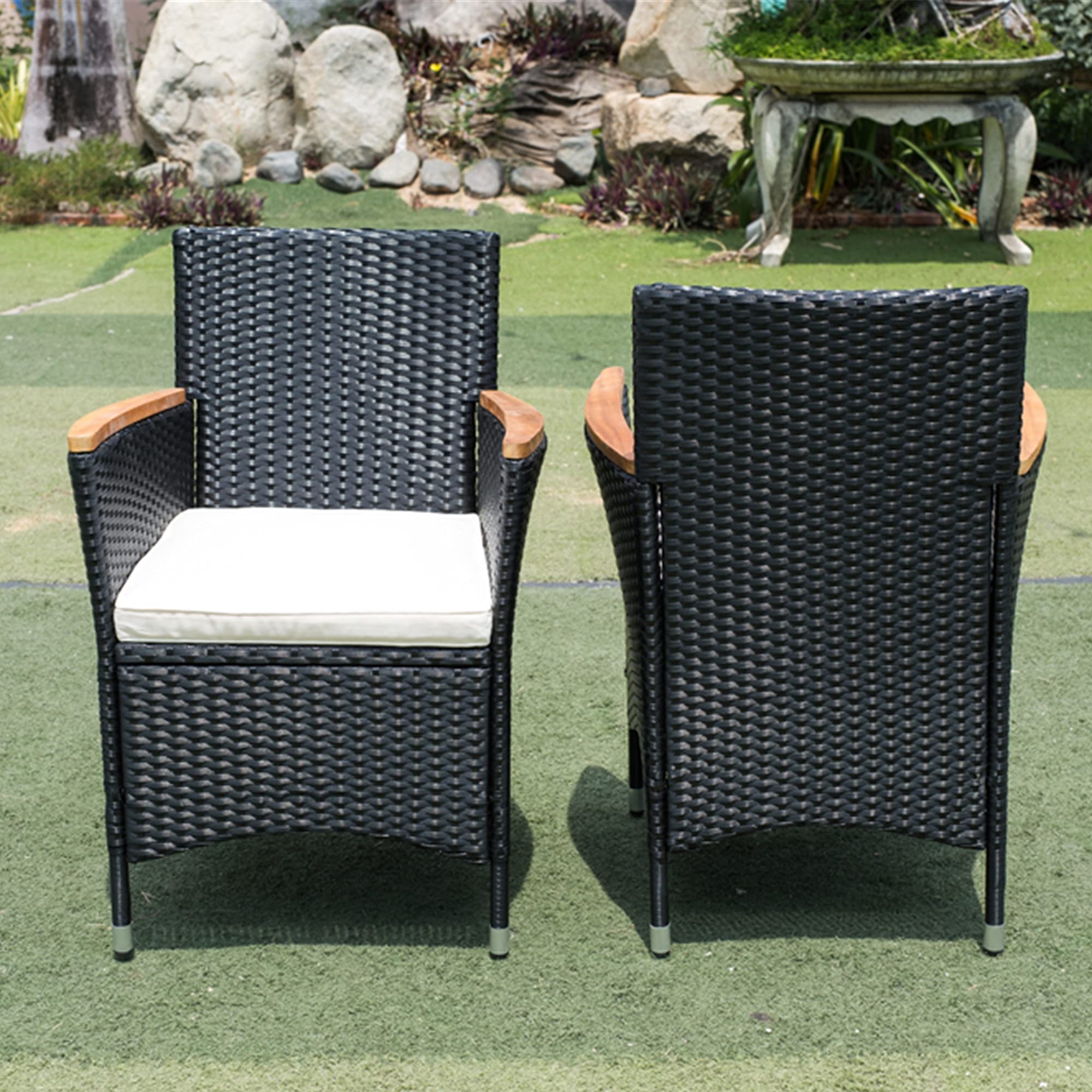 7-Piece Outdoor Patio Wicker Dining Set with Acacia Wood Table - Weather-Resistant Black Rattan Furniture for Backyard, Garden & Poolside Dining