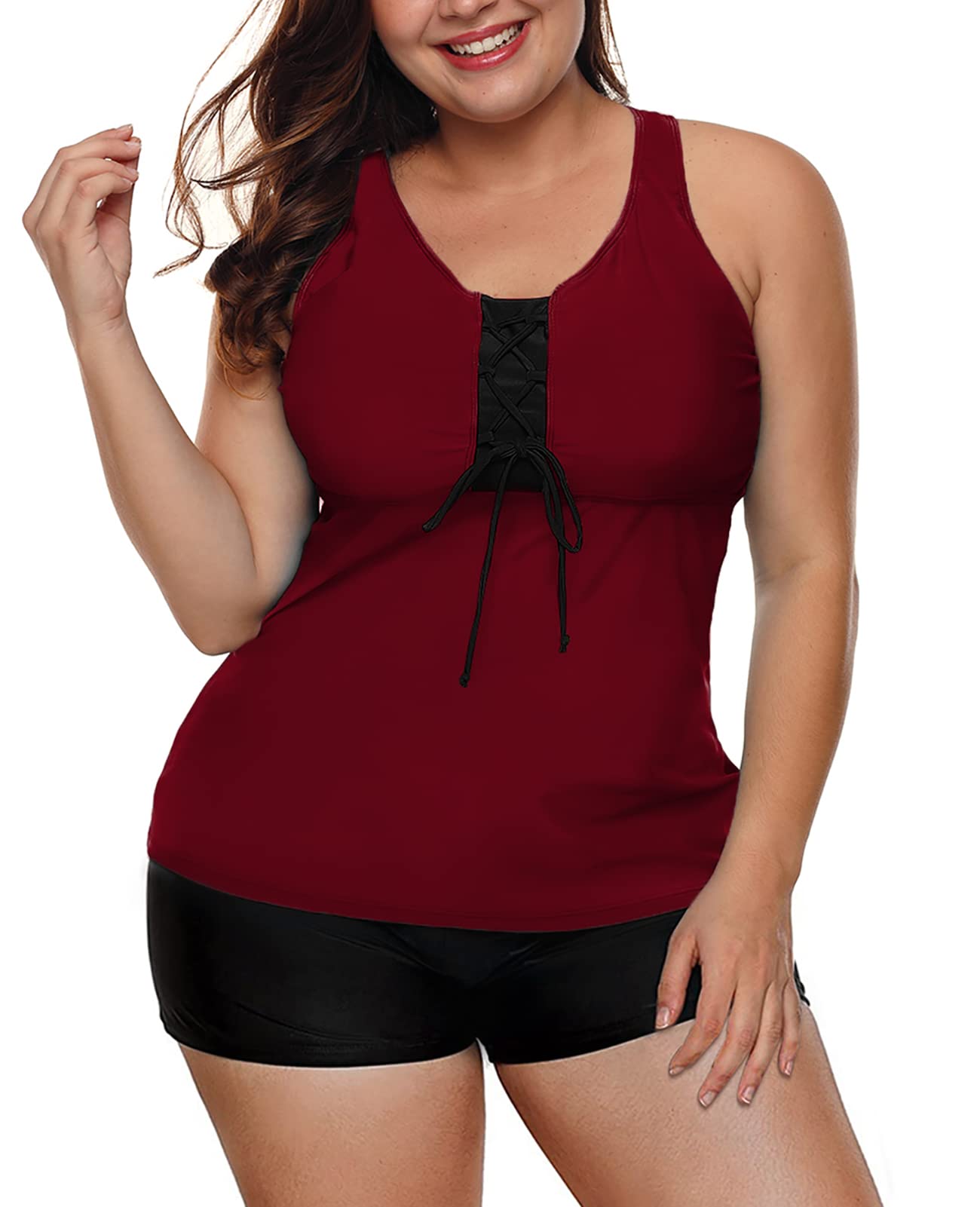 XAKALAKA Women's Plus Size Athletic Tankini Swimwear Set - 2 Piece Bathing Suit with Shorts for Swimming, Beach & Water Sports