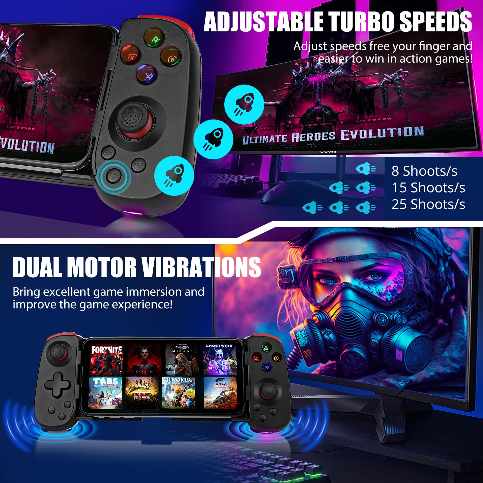 Wireless Bluetooth Game Controller for iOS Android - Xbox/PS/Switch/PC/Steam - Perfect for Mobile Gaming