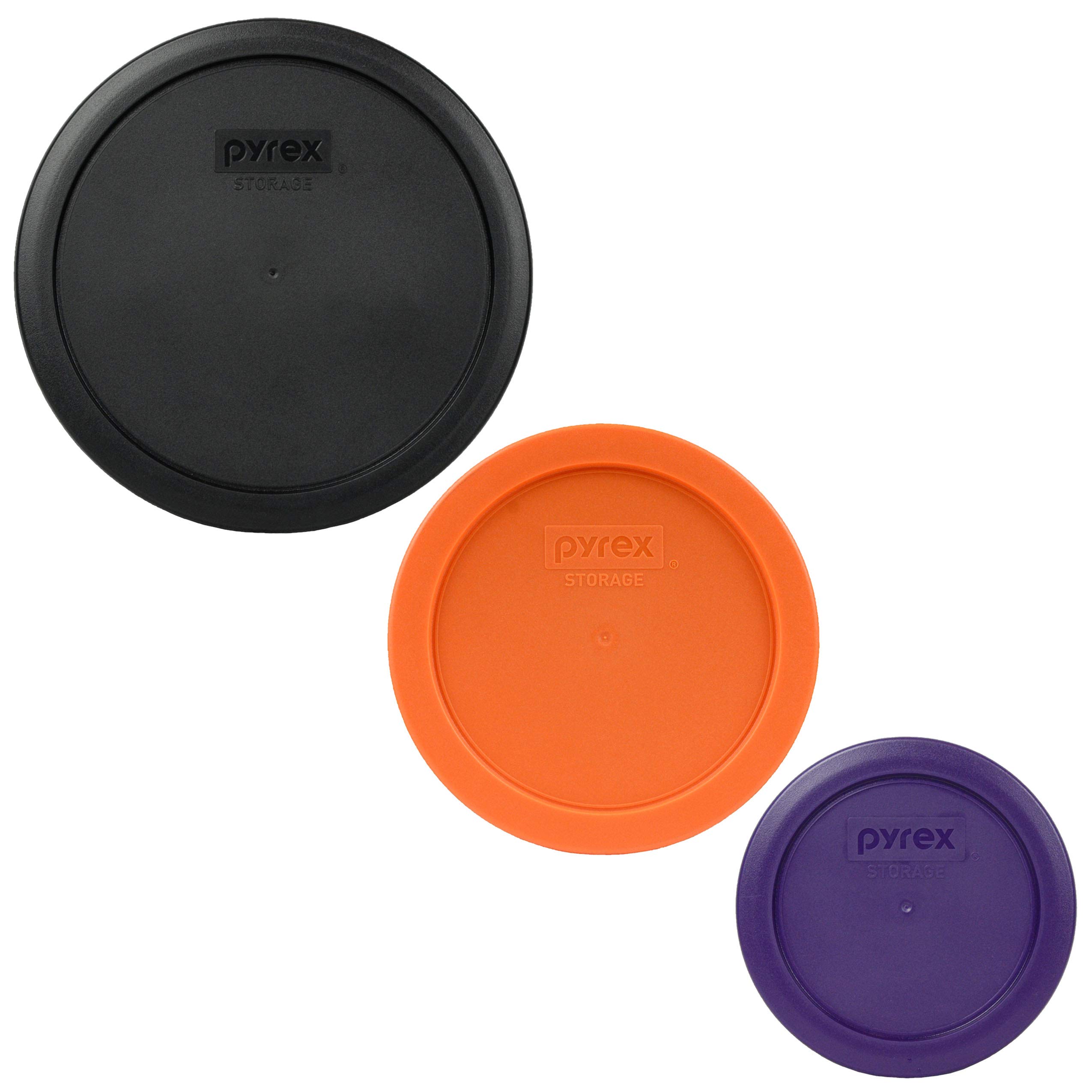Pyrex 3-Piece Round Plastic Food Storage Replacement Lids Set - Black, Orange & Plum Purple - Airtight Fit for Meal Prep, Leftovers & Pantry Organization (Models 7402-PC, 7201-PC, 7200-PC)