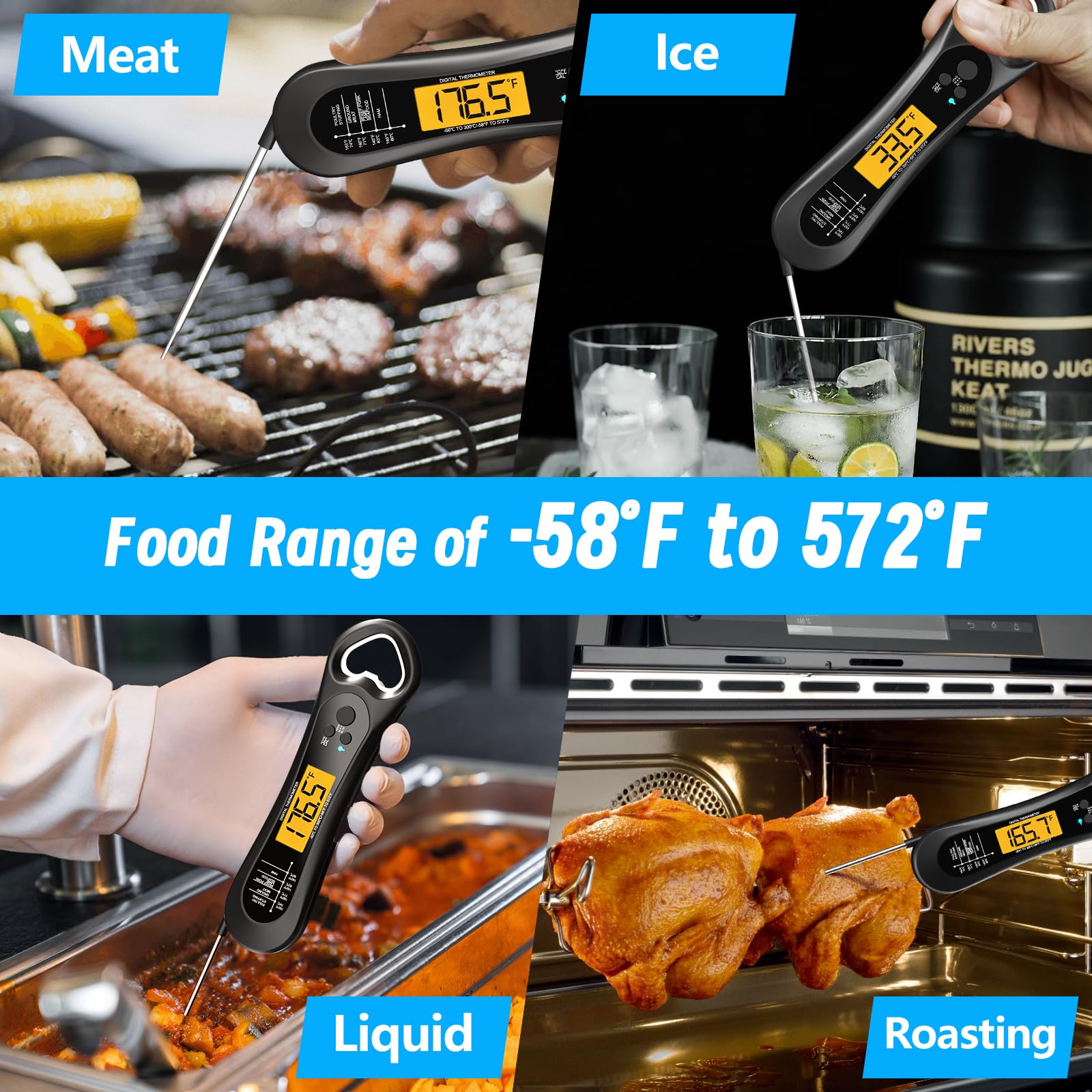 Digital Meat Thermometer with Instant Read - Accurate Cooking & Grilling Thermometer for BBQ, Turkey, Candy, Liquids | Features Backlight, Bottle Opener & Calibration | Perfect Kitchen Gadget for Home Chefs & Outdoor Cooking