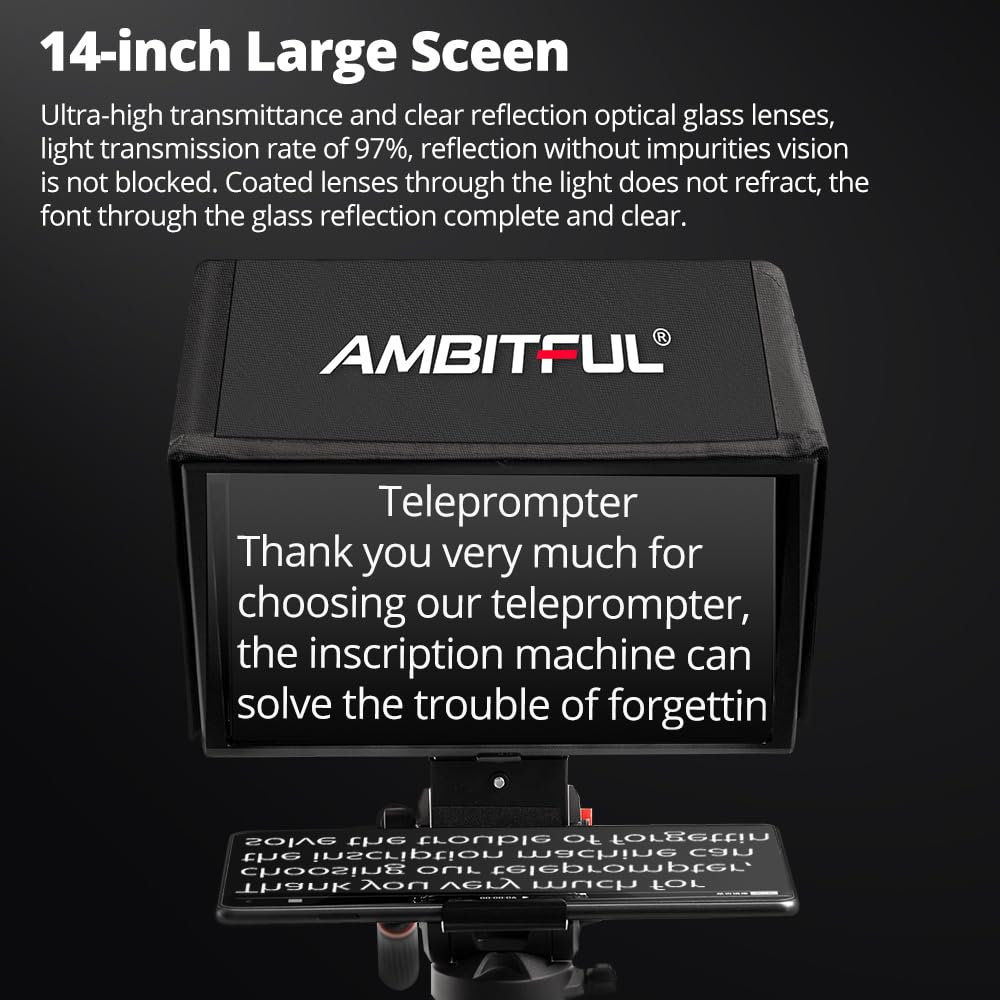 AMBITFUL T14 Pro 14'' Teleprompter for Camera - Compatible with iPad, Android Tablet & Smartphone | Remote & App Control | No Assembly Required | Works with iOS & Android | Perfect for Online Teaching, Interviews, Vlogging & Live Streaming | Professional Video Recording Equipment for Content Creators