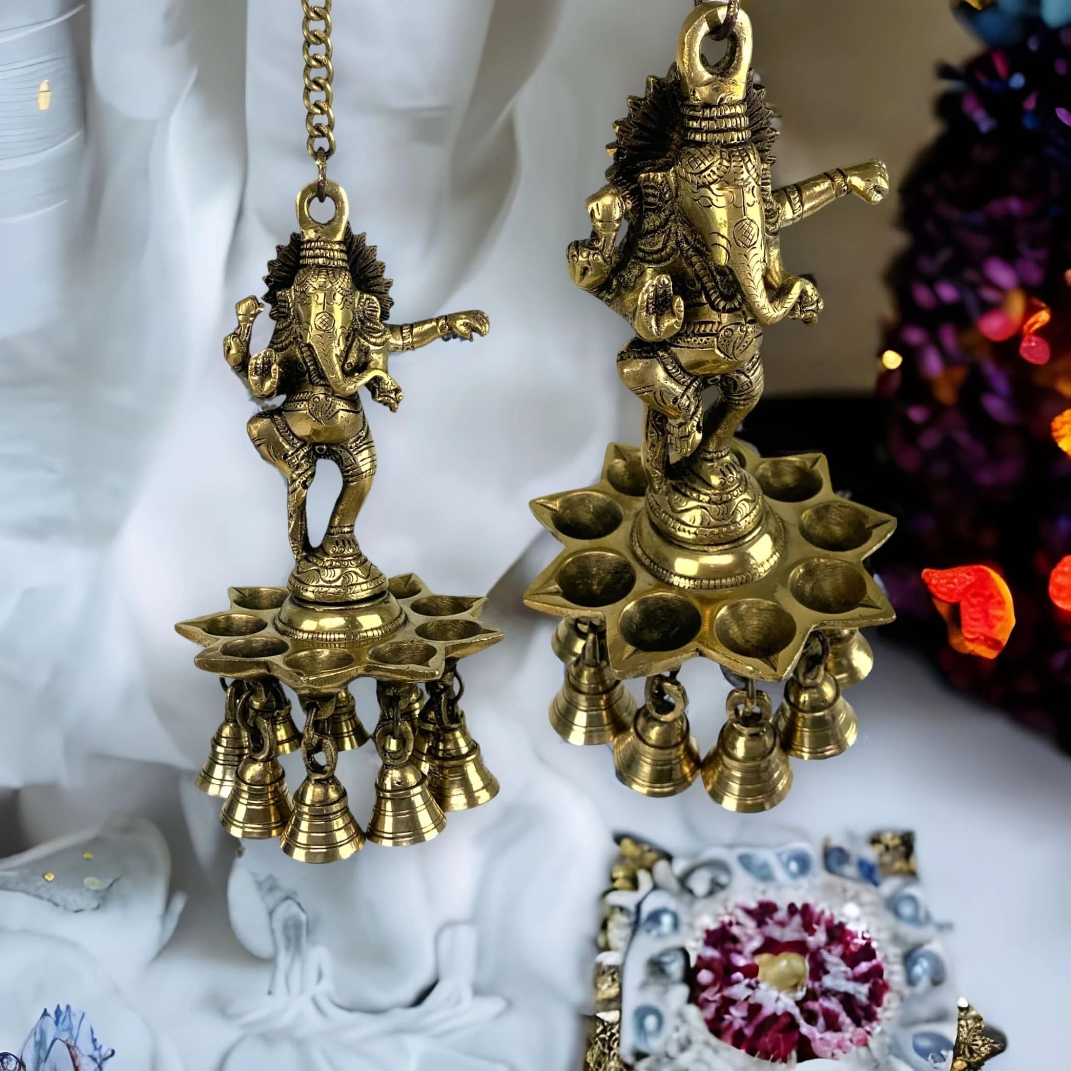 LOVENSPIRE Brass Ganesha Wall Hanging with Bells - Hindu Oil Lamp Diya for Home Temple, Office & Mandir - Diwali Decor, Puja Diyas, Housewarming Gift - Perfect for Festivals, Prayer Rooms & Spiritual Spaces
