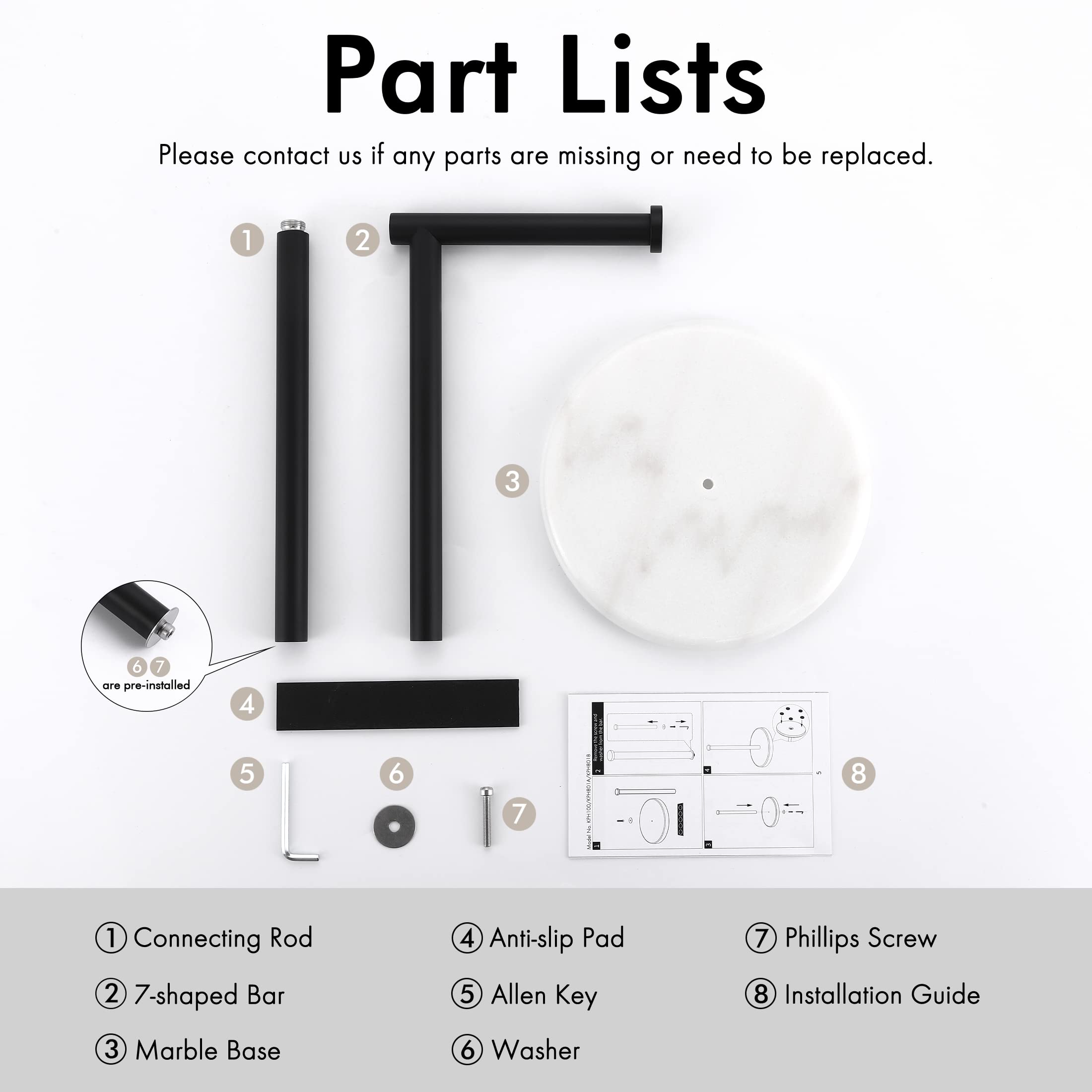 Premium Black Freestanding Toilet Paper Holder Stand with Marble Base - SUS304 Stainless Steel Matte Bathroom Tissue Roll Dispenser for Modern Home & Luxury Hotel Restroom Decor