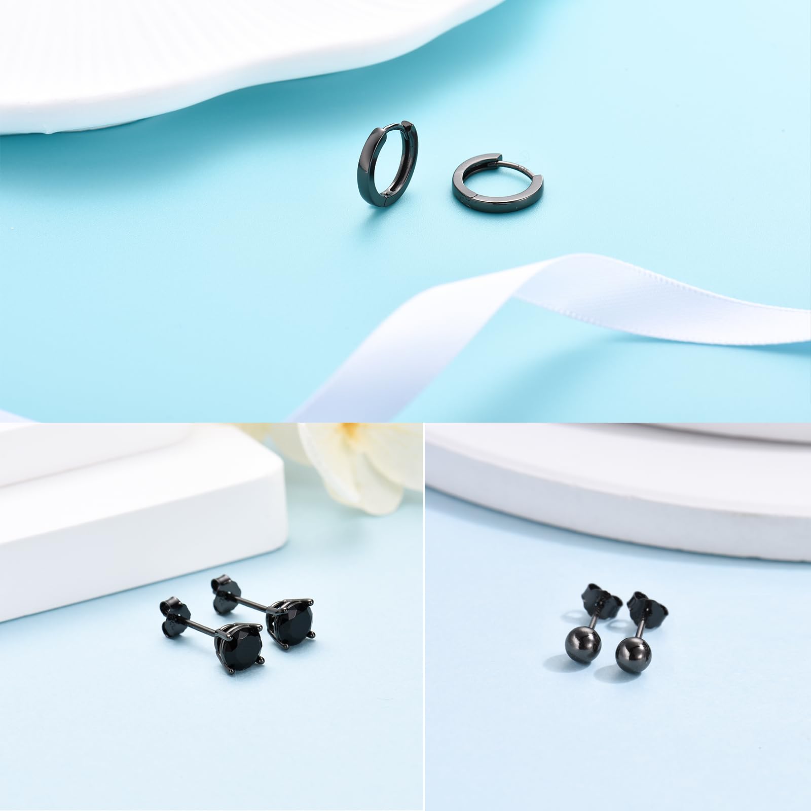 Sterling Silver Stud Earrings for Women & Men - 3 Piece Cubic Zirconia Ball Studs & Hoop Earrings Set | Small Gold Black Hoop Earrings, Tiny Cartilage Sleepers | Unisex Jewelry Gift for Everyday Wear, Parties & Special Occasions