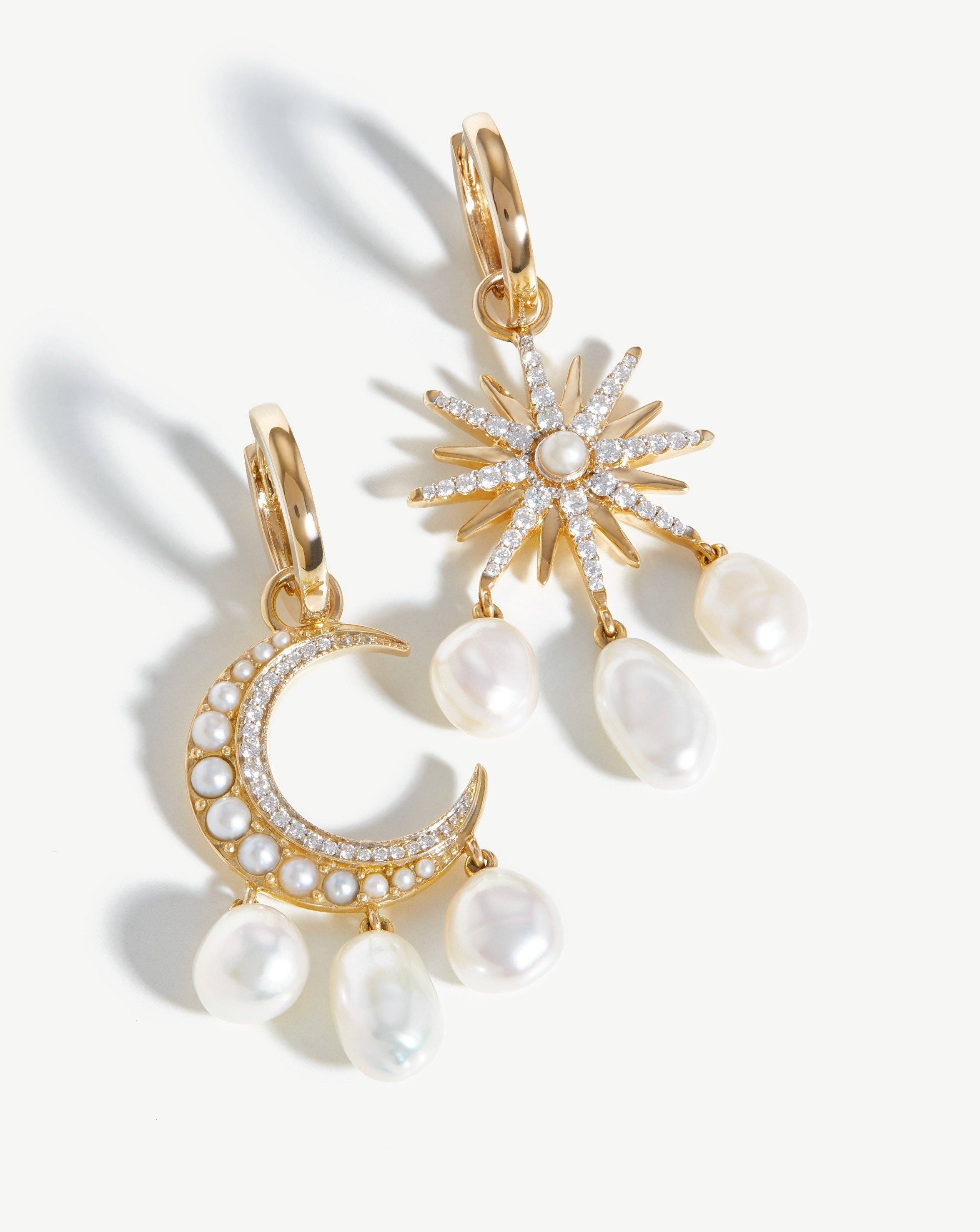 Harris Reed Fine Moon Starlight Earrings - 14k Solid Gold Pearl & Diamond Stud Earrings for Women | Elegant Jewelry Gift for Birthday, Anniversary & Special Occasions