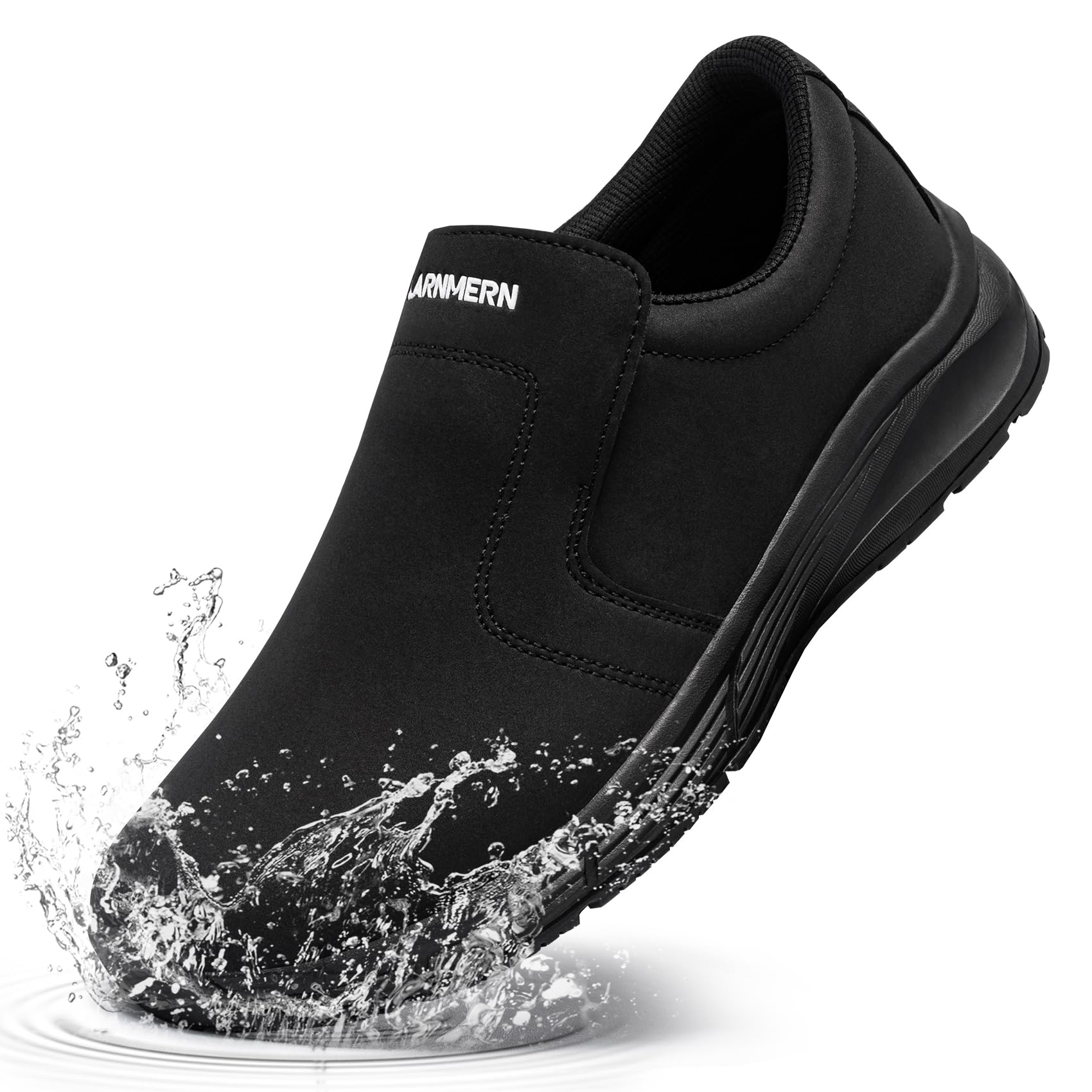 **LARN SAFETY Men's Non-Slip Work Shoes - Waterproof Slip-Resistant Kitchen Chef Shoes for Restaurant, Hospital & Food Service - Comfortable Slip-On Black Shoes for Long Shifts**    *(Use Cases: Ideal for chefs, nurses, restaurant staff, and food service workers who need durable, slip-resistant footwear for wet and busy environments.)*