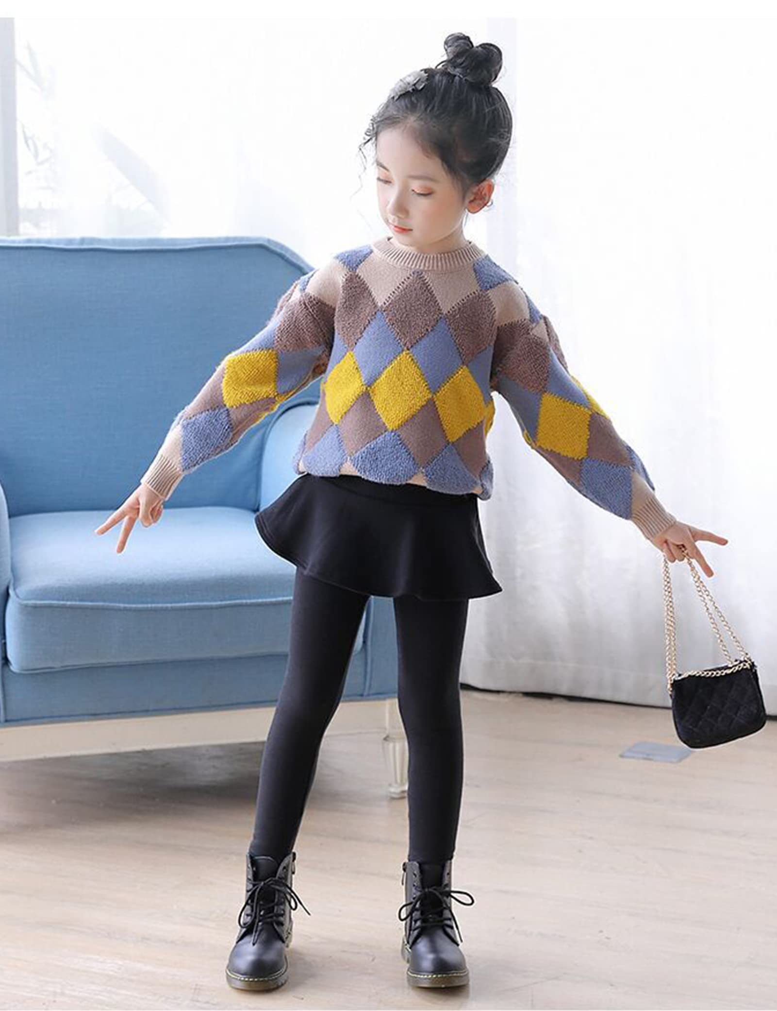 Kiench Girls' Winter Warm Fleece-Lined Leggings with Ruffle Skirt - Soft Cotton Thermal Pants for Cold Weather | Perfect for School, Playdates & Outdoor Activities