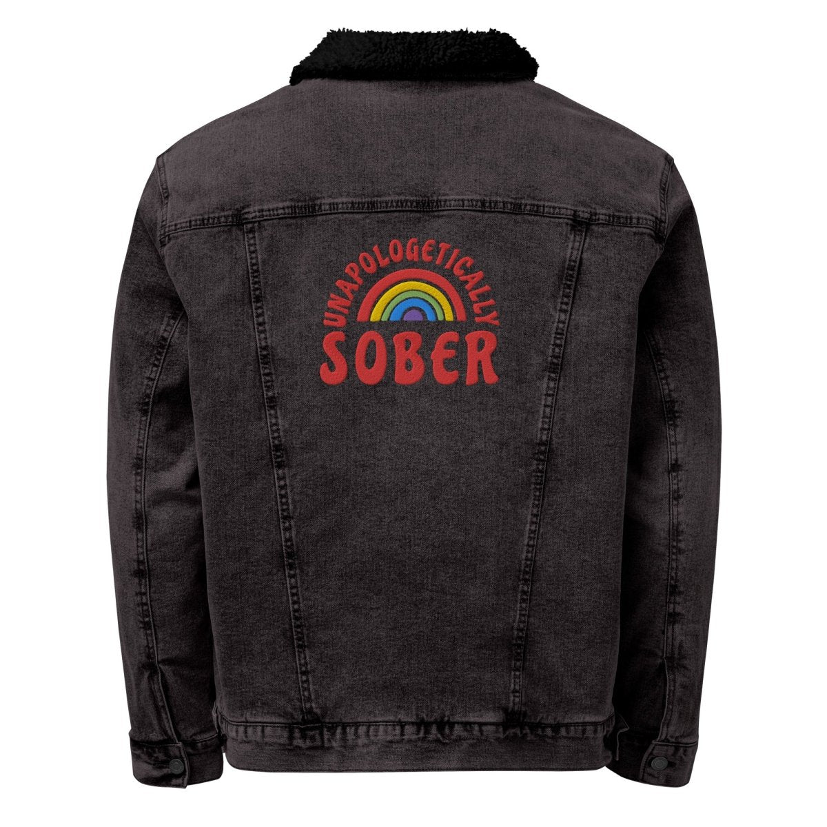 Unisex Sherpa Denim Jacket with Embroidered 'Unapologetically Sober' Design - Cozy Winter Fashion for Sober Living & Recovery Support