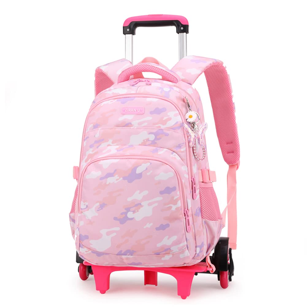 Geometric Striped Rolling Backpack for Girls - Wheeled School Bag with Trolley Handle, Lightweight Bookbag for Elementary Students (Purple Pink) - Perfect for School, Travel & Daily Commute