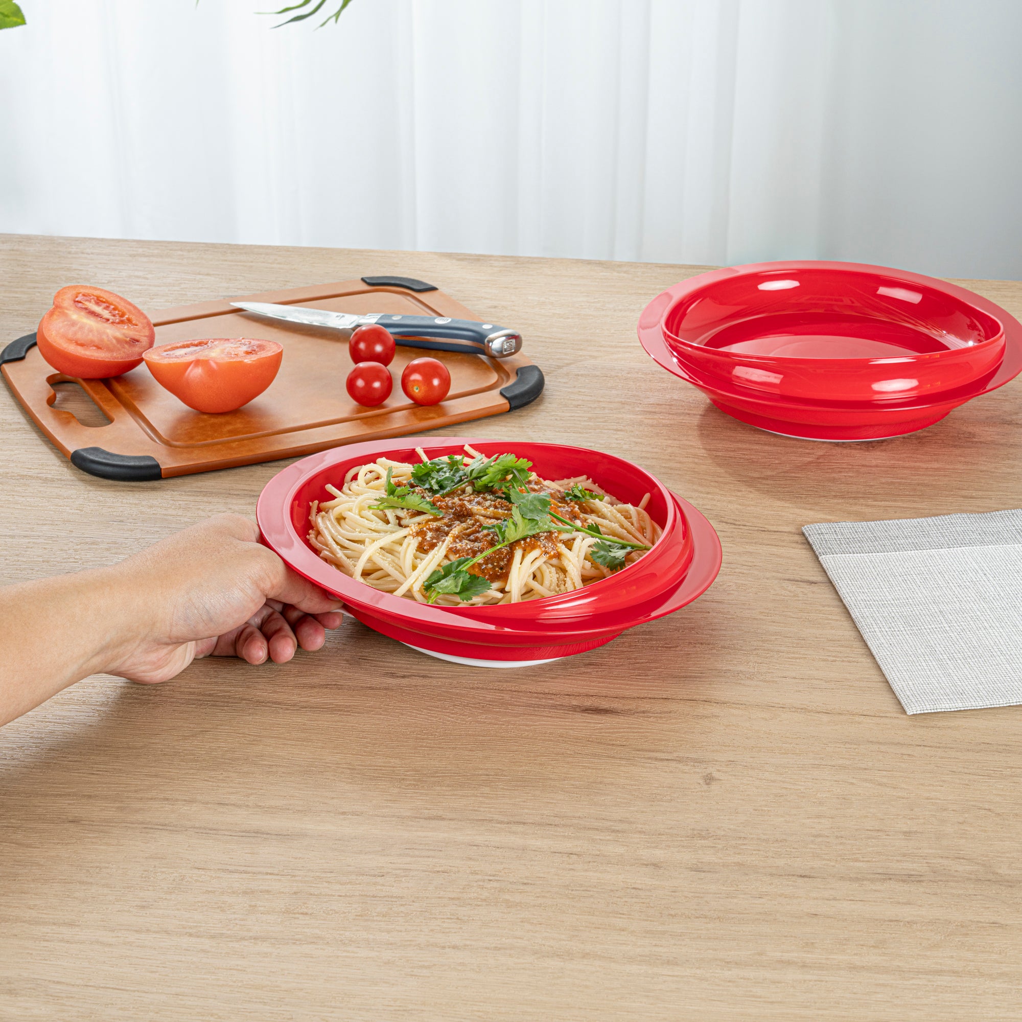Adapt Tek Round Red Plastic Scoop Plate - Spillproof with Suction Base, 9 x 9 x 2.25 Inches, 1 Count - Perfect for Baby Feeding, Toddler Mealtime & Special Needs Dining