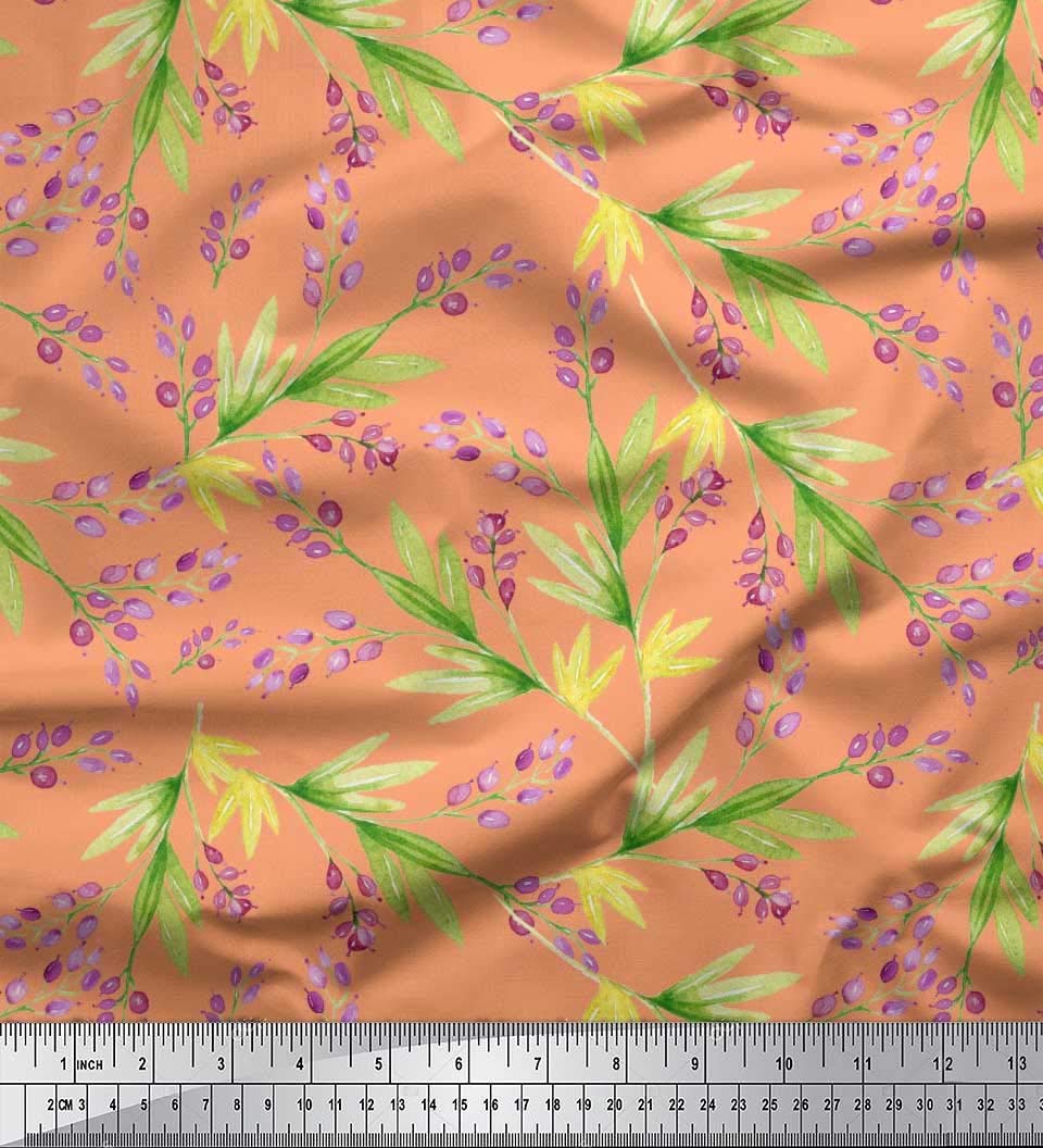 Soimoi Modal Satin Fabric - Watercolor Printed Leaves & Berries Design - 1 Yard (42 Inches Wide) - Perfect for DIY Dresses, Scarves, Home Decor & Craft Projects
