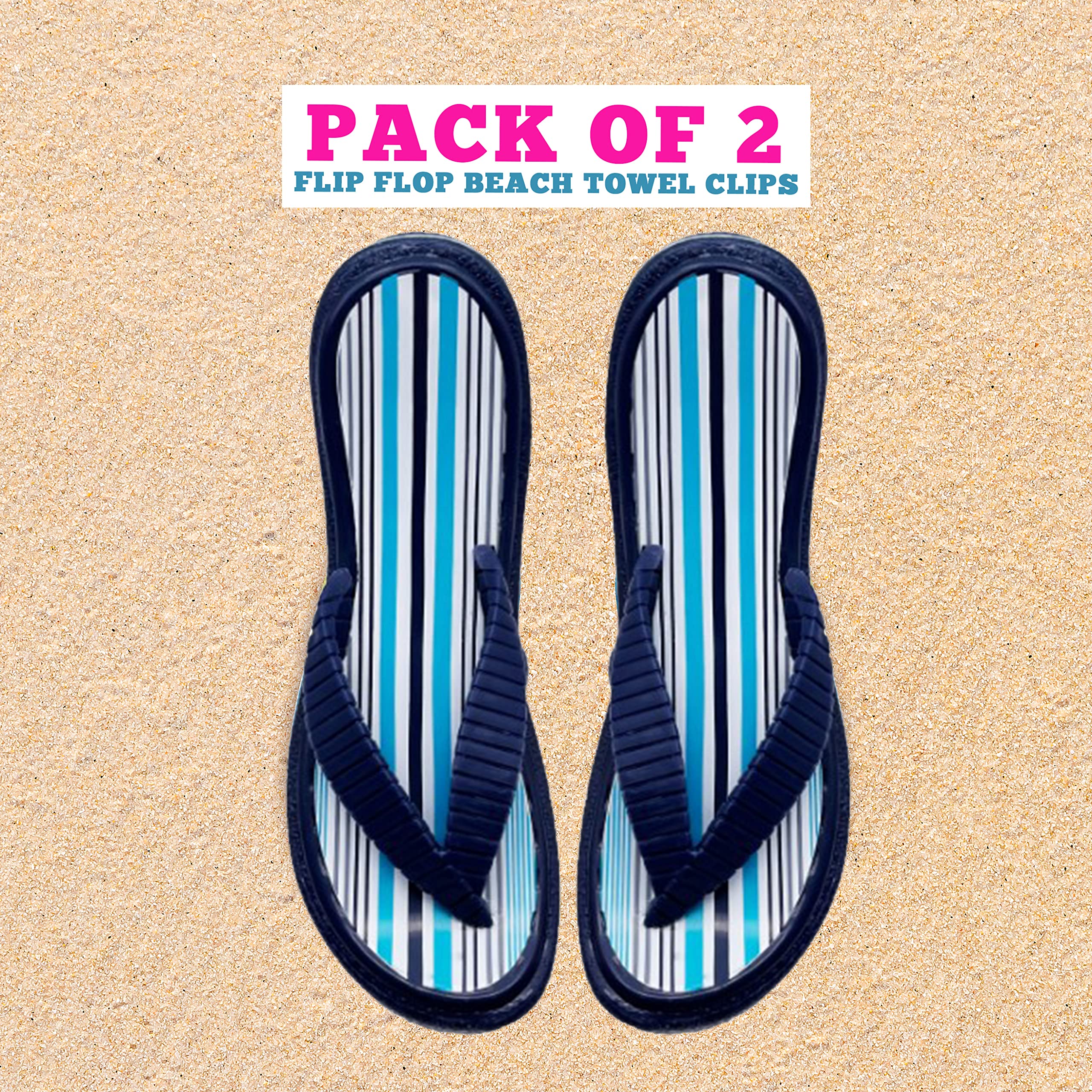 PERFORMORE 2-Pack Flip Flop Beach Towel Clips - Secure Portable Towel Holder for Chairs, Deck, Patio, Pool & Boat - Cruise & Lounge Chair Accessories with Blue Strap - Perfect for Beach, Vacation & Outdoor Relaxation