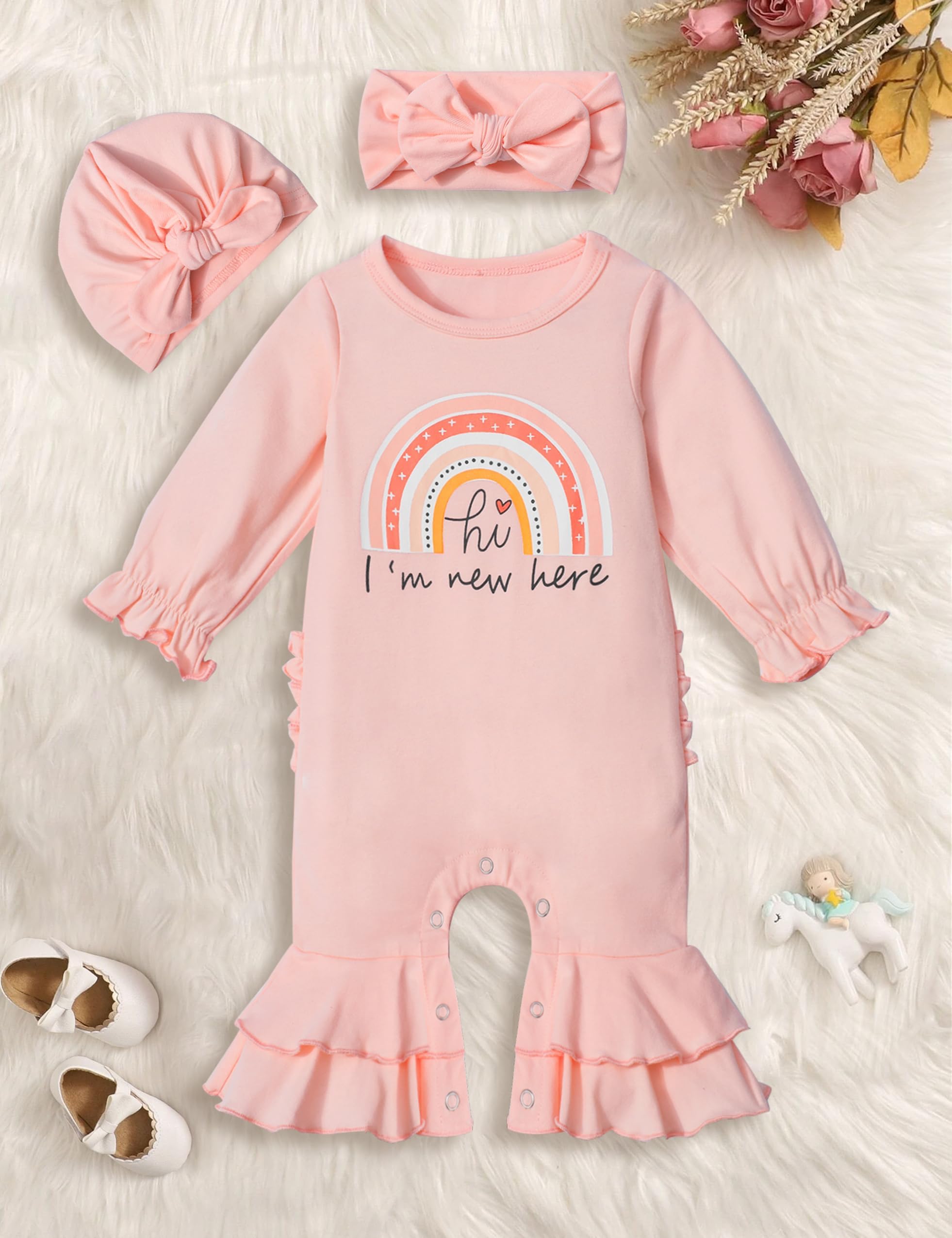 Newborn Girl Clothes - Ruffle Letter Print Romper & Bell Bottom Jumpsuit with Headband Hat | Boho Style Baby Outfit for Photoshoots, Parties & Special Occasions