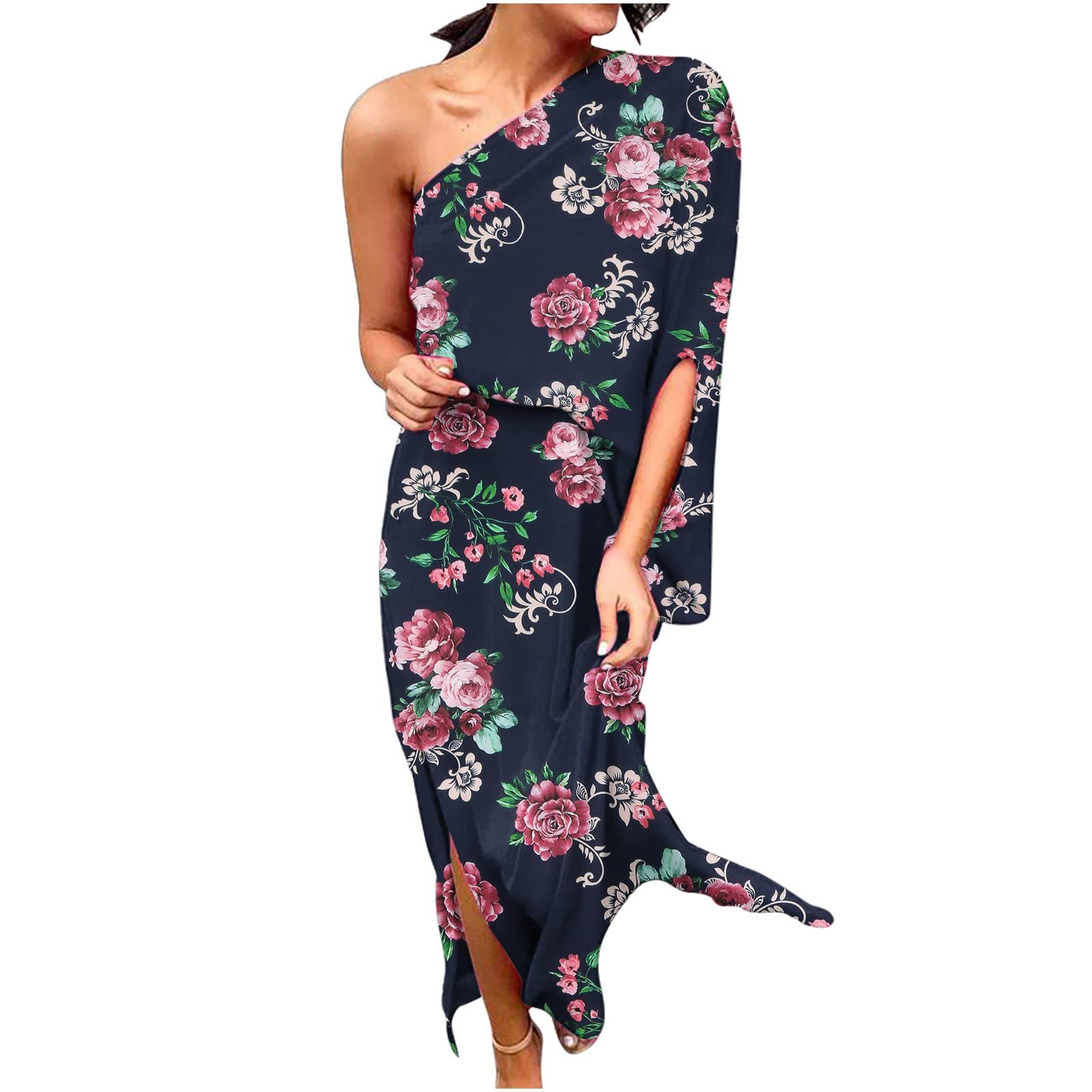BmkBWO Women's One Shoulder Floral Summer Dress - Long Sleeve A-Line Swing Casual Beach Maxi Dress for Wedding Guest, Party, Vacation & Date Night