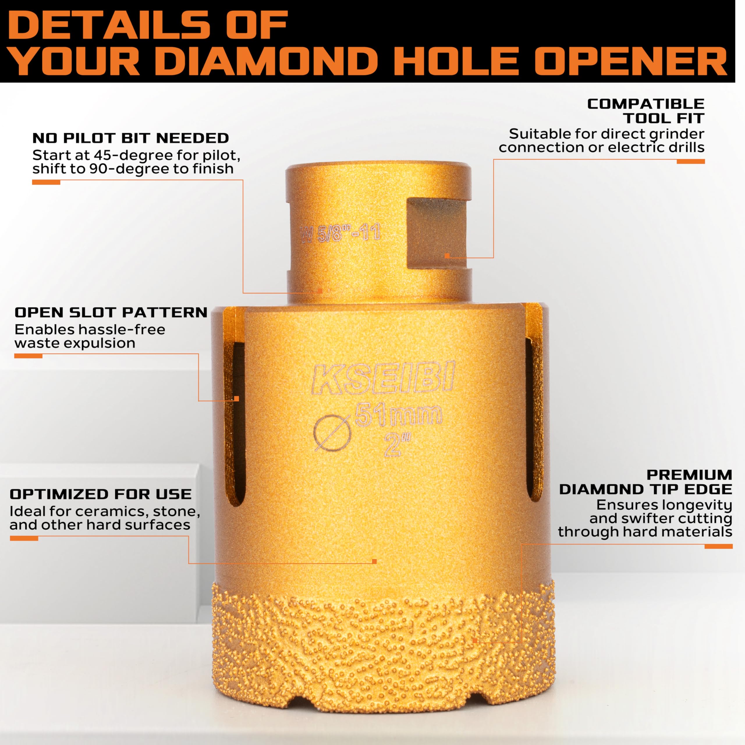 KSEIBI 615235 1-3/8 Inch (35mm) Diamond Hole Saw - Vacuum Brazed Diamond Core Drill Bit for Porcelain, Ceramic, Granite, Brick & Marble - 2