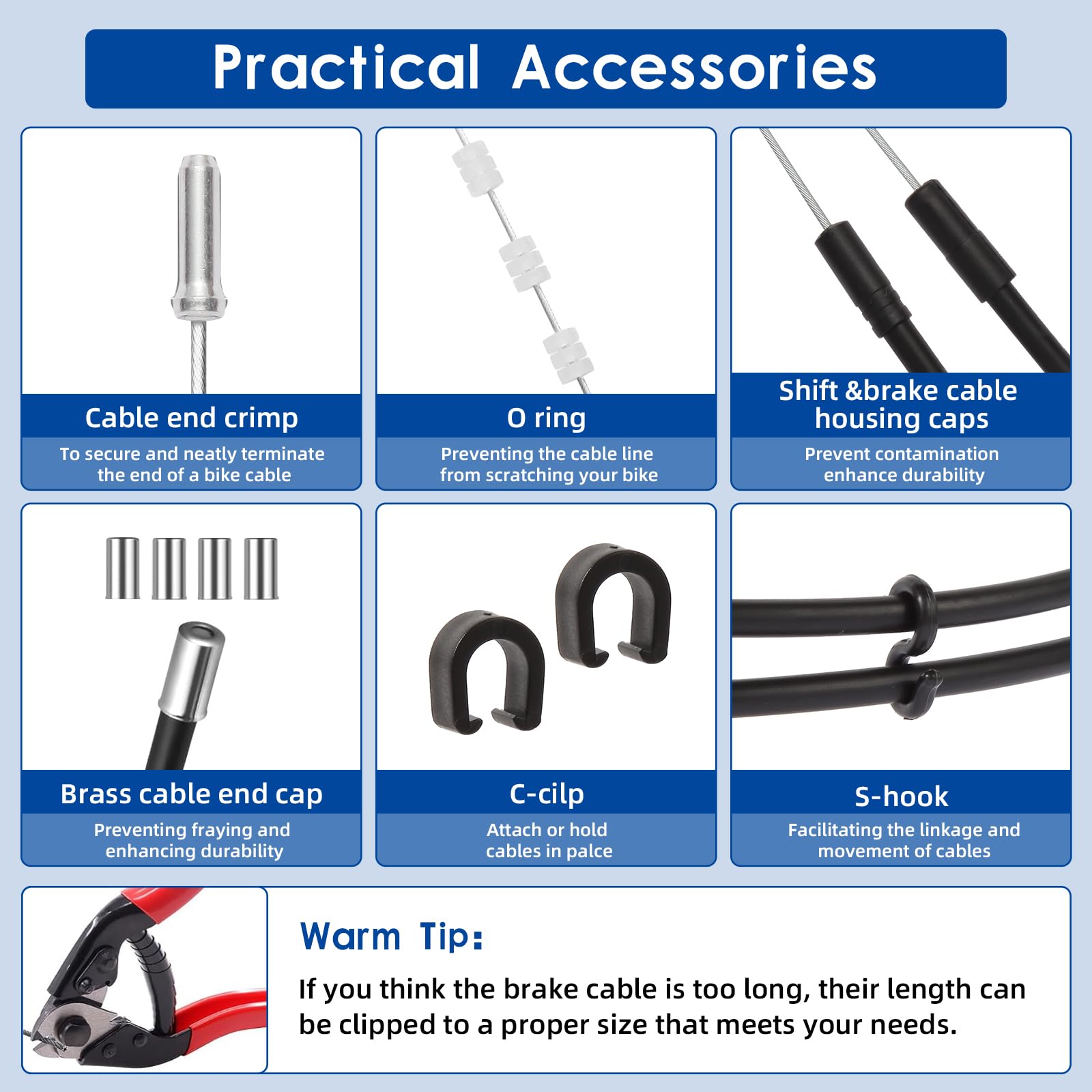 Universal Bike Brake & Shift Derailleur Cable Kit - Standard Bicycle Transmission Line with Cable End Caps & O-Rings - Compatible with Front/Rear MTB & Road Bikes - Perfect for Bike Maintenance & Repair (Mountain, Road, Commuter Cycling)