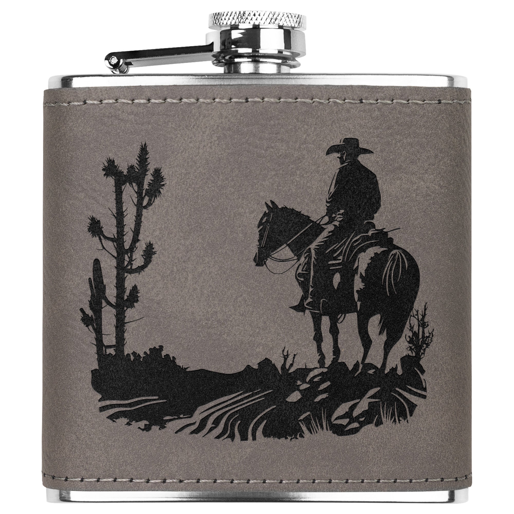 Cowhide Leather Flask with Cactus Design - Stainless Steel Hip Flask for Men - Perfect Gift for Cowboy Enthusiasts - Ideal for Outdoor Adventures, Camping, and Parties