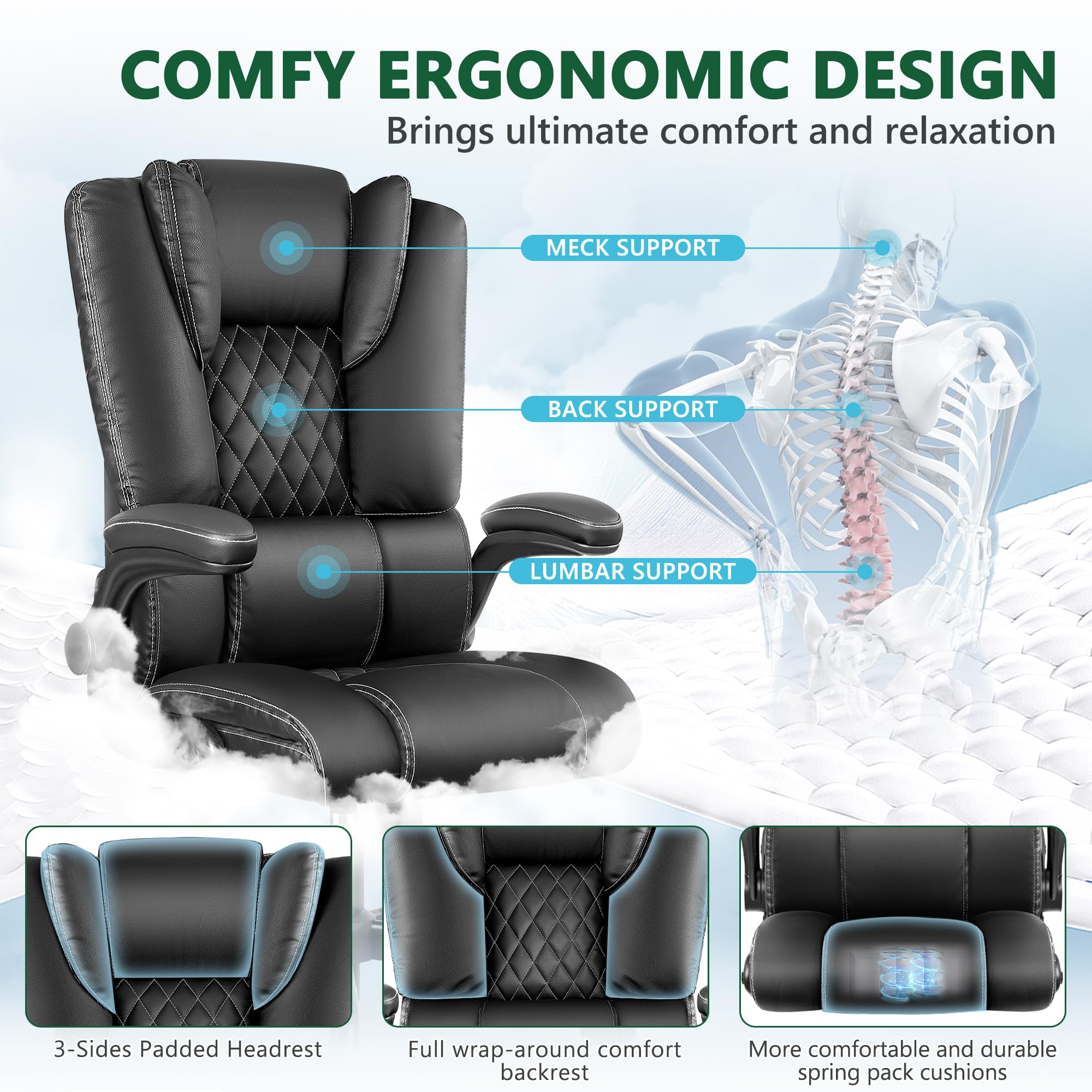 Premium Ergonomic Executive Office Chair - High Back Leather Desk Chair with Lumbar Support, Adjustable Flip-Up Armrests, 360° Swivel & Rocking Function - Black - Perfect for Home Office, Gaming & Workspaces