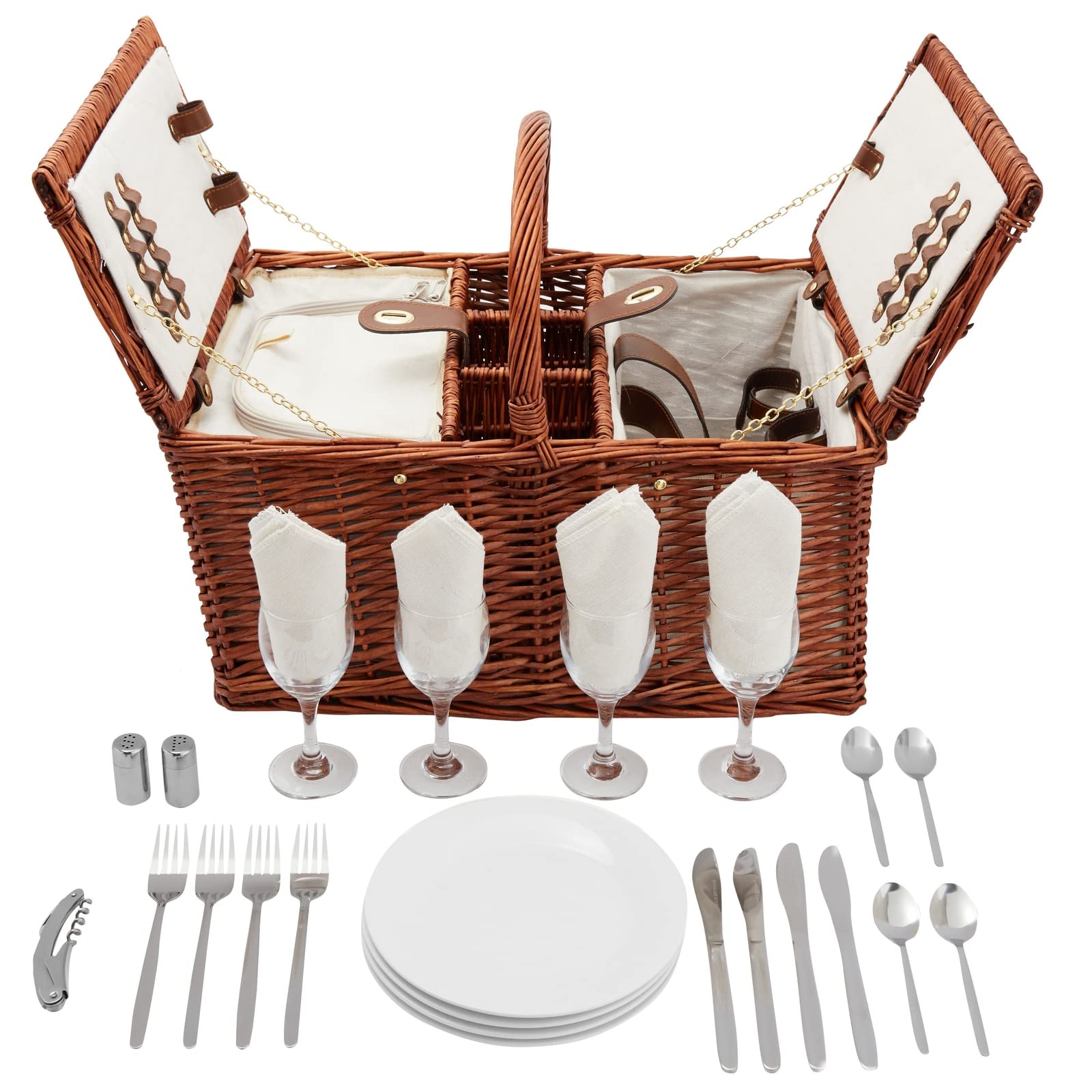 Juvale 4-Person Wicker Picnic Basket Set with Utensils, Wine Glasses & Insulated Cooler Bag - Luxury Camping & Outdoor Dining Essentials for Family Picnics, Beach Outings, and Romantic Getaways
