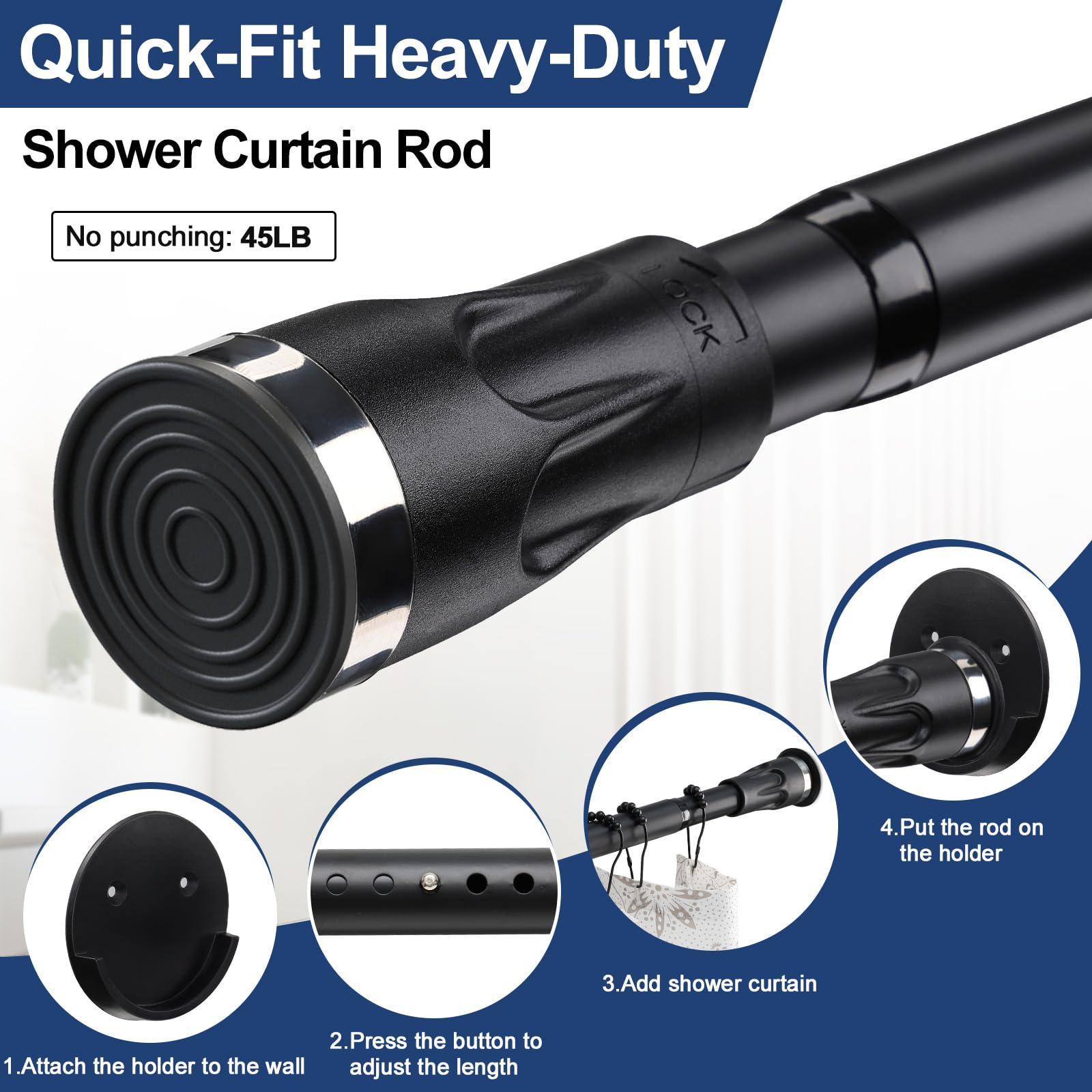 No-Drill Adjustable Tension Shower Curtain Rod 42-100 Inch - Black Bathroom Shower Rod with Holders for Easy Installation - Perfect for Apartments, Dorms & Rental Homes