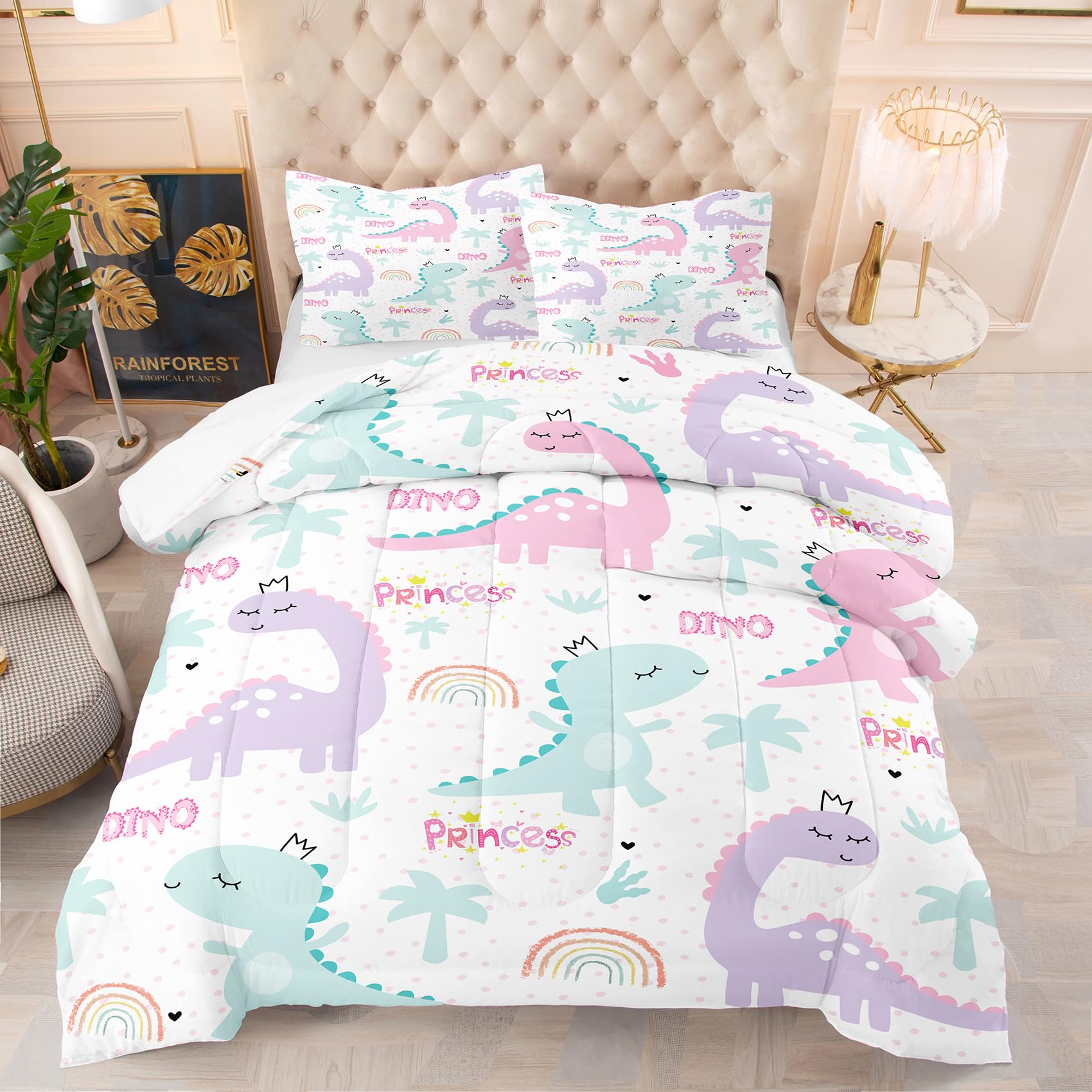 **NINENINE Twin Bedding Set for Girls - Dinosaur & Princess Themed Comforter Set, Soft Toddler Bedding for Kids (1 Comforter + 1 Pillowcase) - Perfect for Bedrooms, Sleepovers & Playrooms**