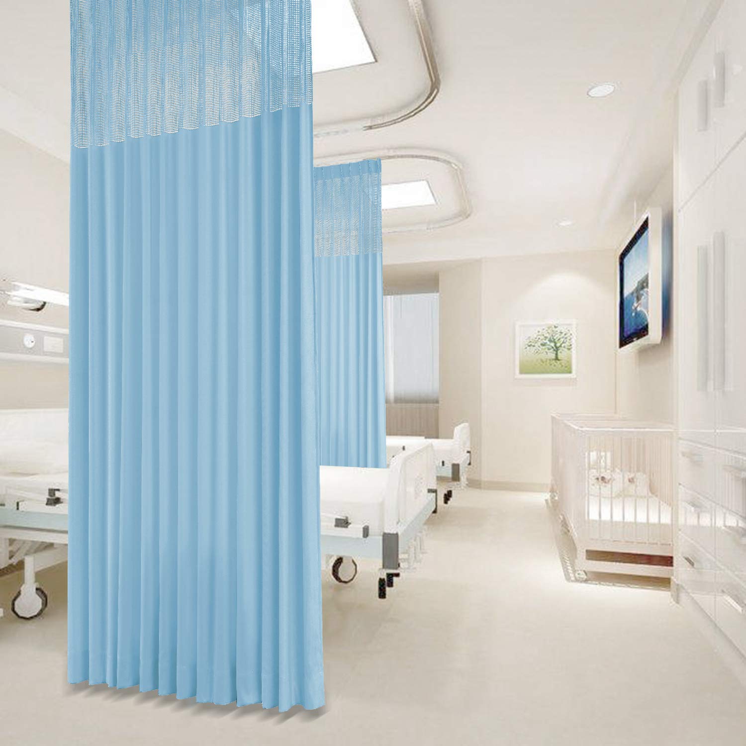 Macochico Extra Wide Medical Privacy Curtains - 12ft Wide x 8.5ft Tall Pinch Pleated Hospital Curtains, Blue Clinic Room Divider for Hospitals, SPA, Labs & Nursing Homes (1 Panel) - Sound Dampening & Infection Control Solution