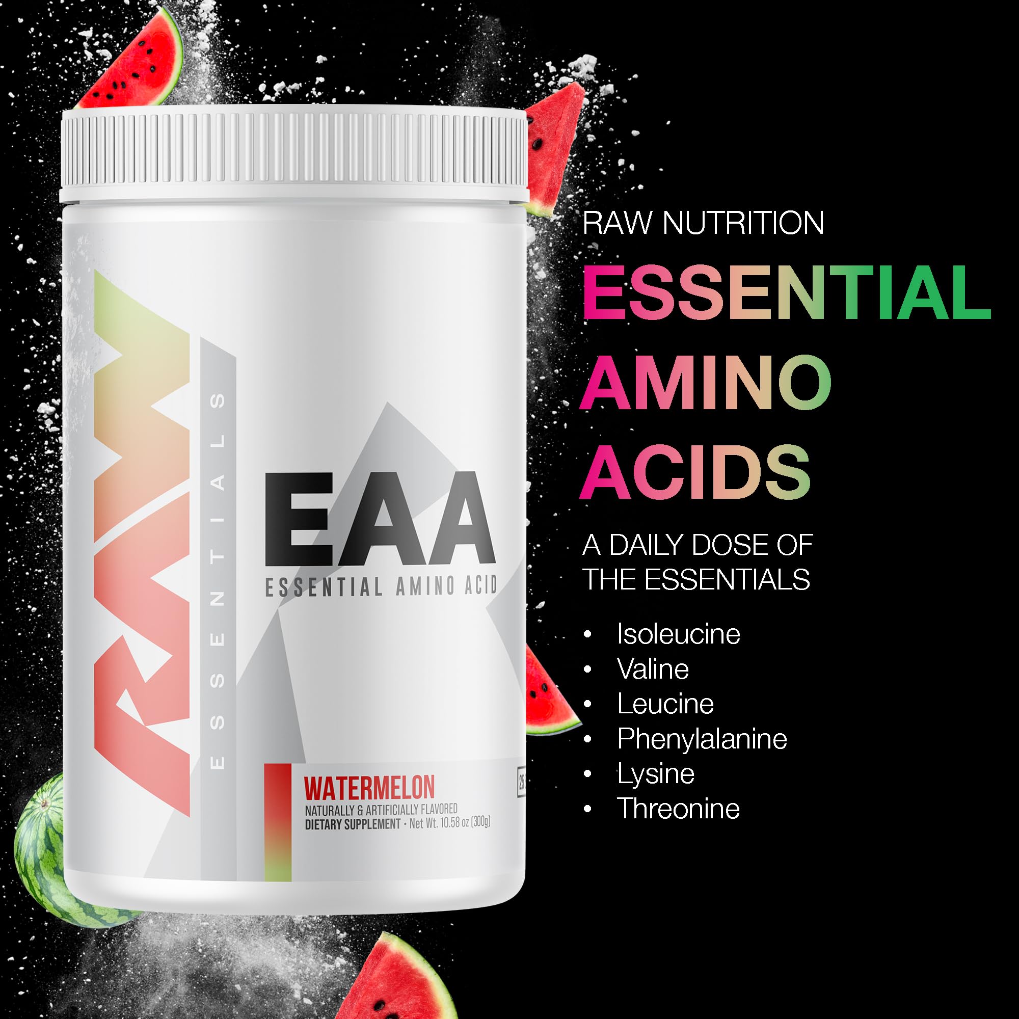 RAW EAA Essential Amino Acids Powder - Watermelon Flavor (25 Servings) | Pre Workout Energy Supplement for Strength, Endurance & Muscle Recovery | BCAA Amino Acid Powder for Men & Women | Ideal for Gym, Fitness & Post-Workout Recovery
