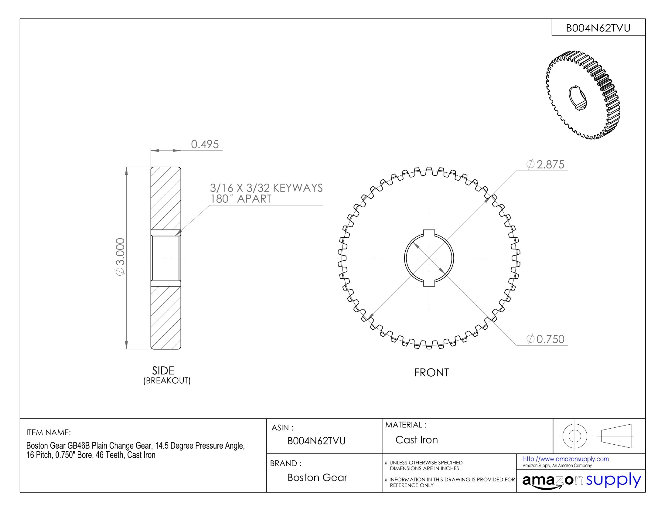 GB46B Cast Iron Plain Change Gear - 14.5° Pressure Angle, 16 Pitch, 0.750