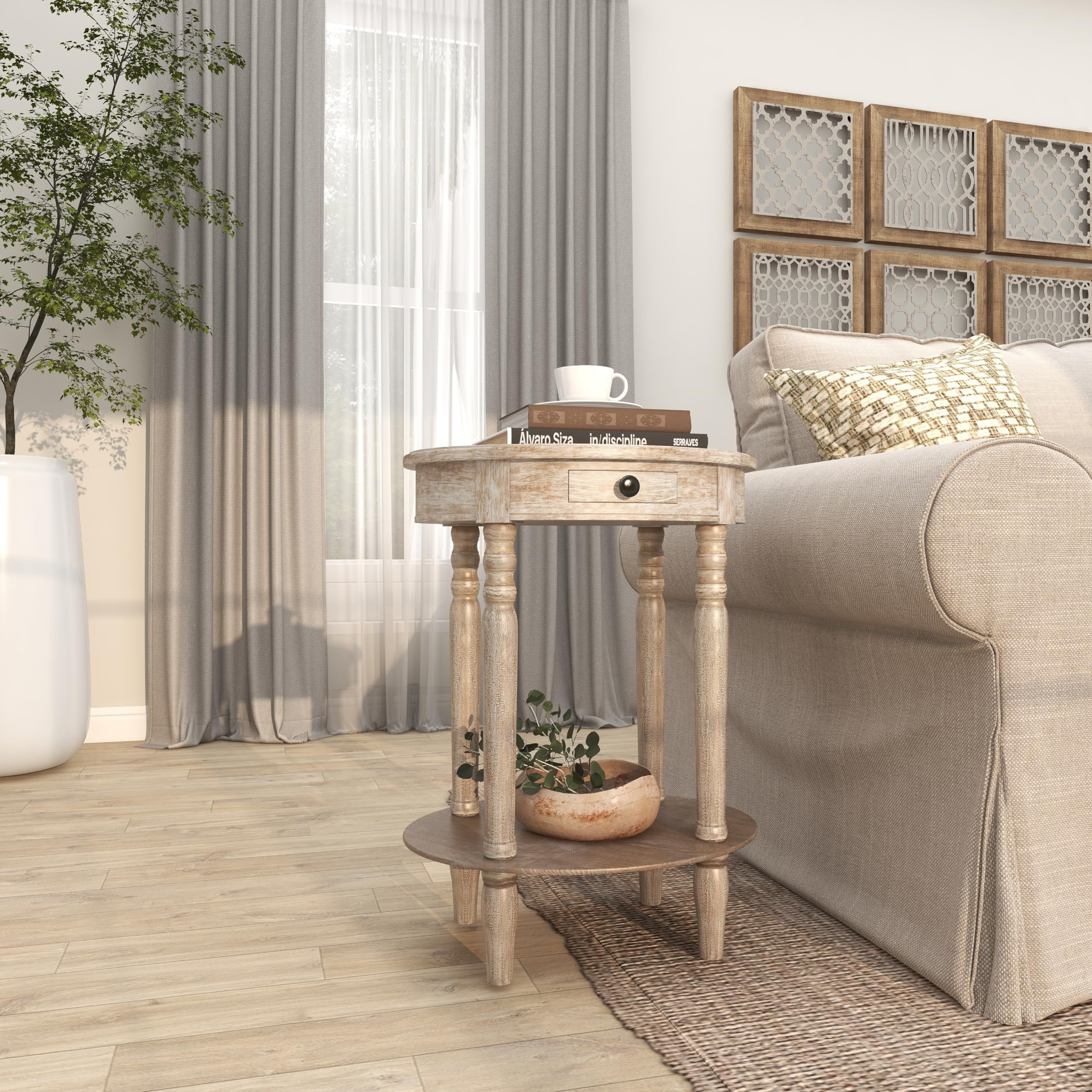 Deco 79 Whitewashed Light Brown Oval Wood Side End Table with 1 Drawer & Shelf, Turned Legs - 20