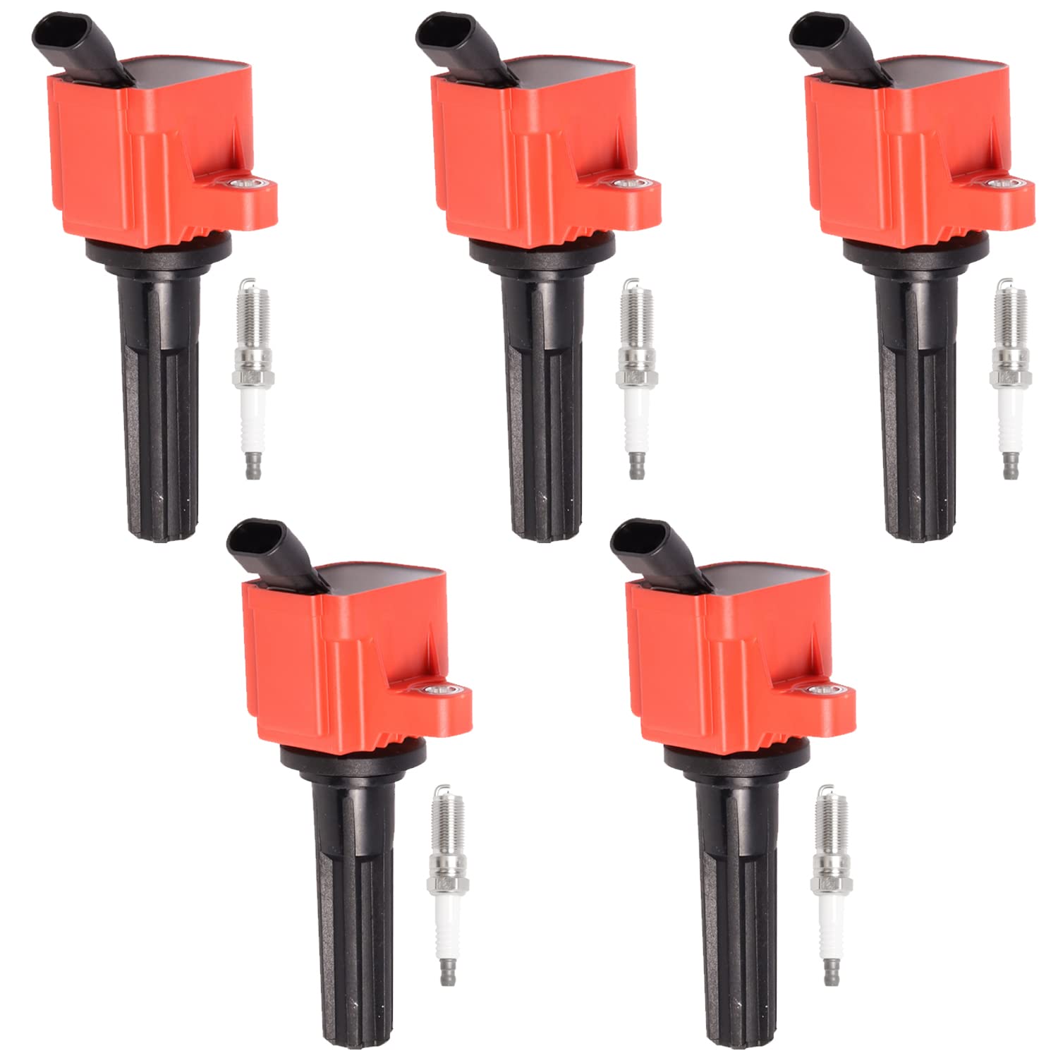 5-Pack Red Ignition Coil & Iridium Spark Plug Set - Compatible with Chevrolet Colorado, Canyon, H3, Rainier, Trailblazer, Ascender 3.7L 4.2L (2007-2012) - Replaces 12496547, UF497, 5019, C1558 - Perfect for Engine Performance Upgrades & DIY Auto Repairs