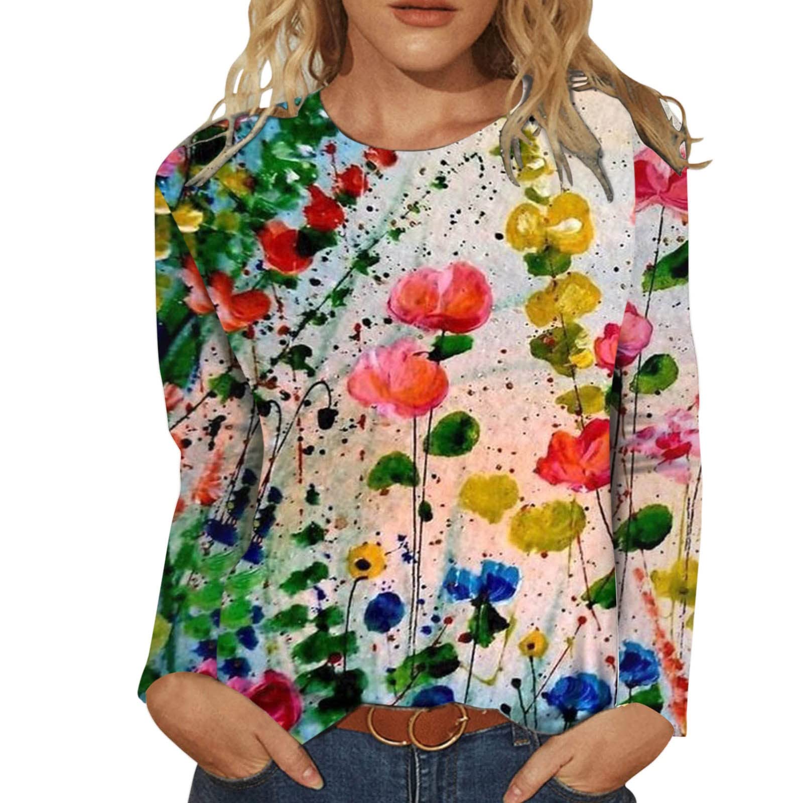 Women's Floral Print Casual Tunic Blouse - Summer & Fall Crewneck T-Shirt Top for Work, Workout & Everyday Wear