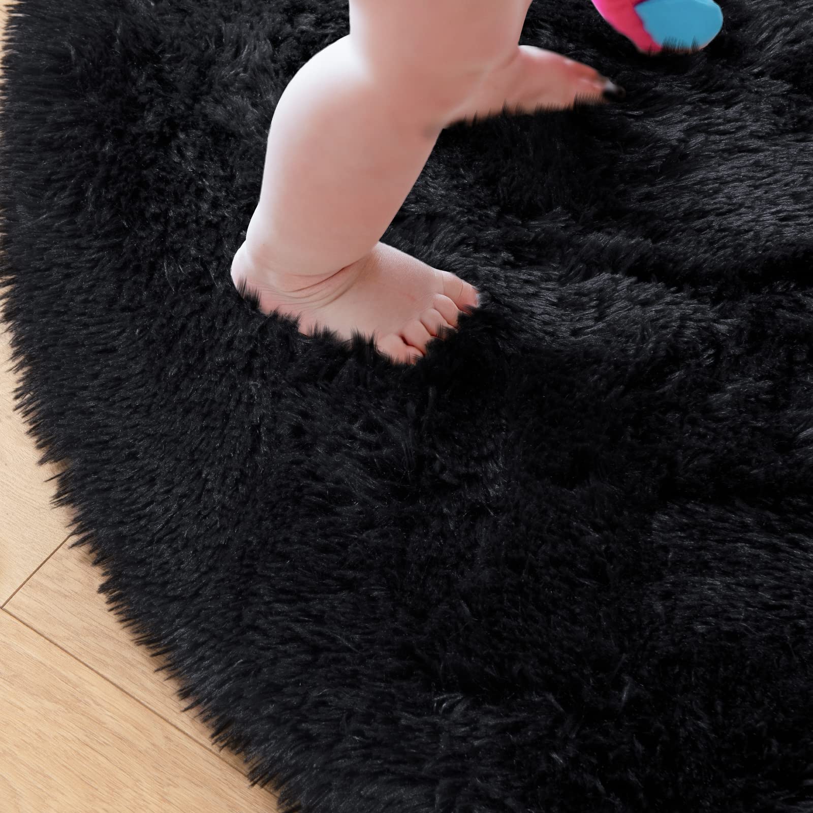 **Junovo 5x5 Feet Round Fluffy Soft Area Rug - Plush Shaggy Carpet for Kids Room, Nursery, Girls Bedroom & Home Decor | Princess Castle Design, Cute Circle Rug for Playroom, Baby Room & Cozy Spaces (Black)**