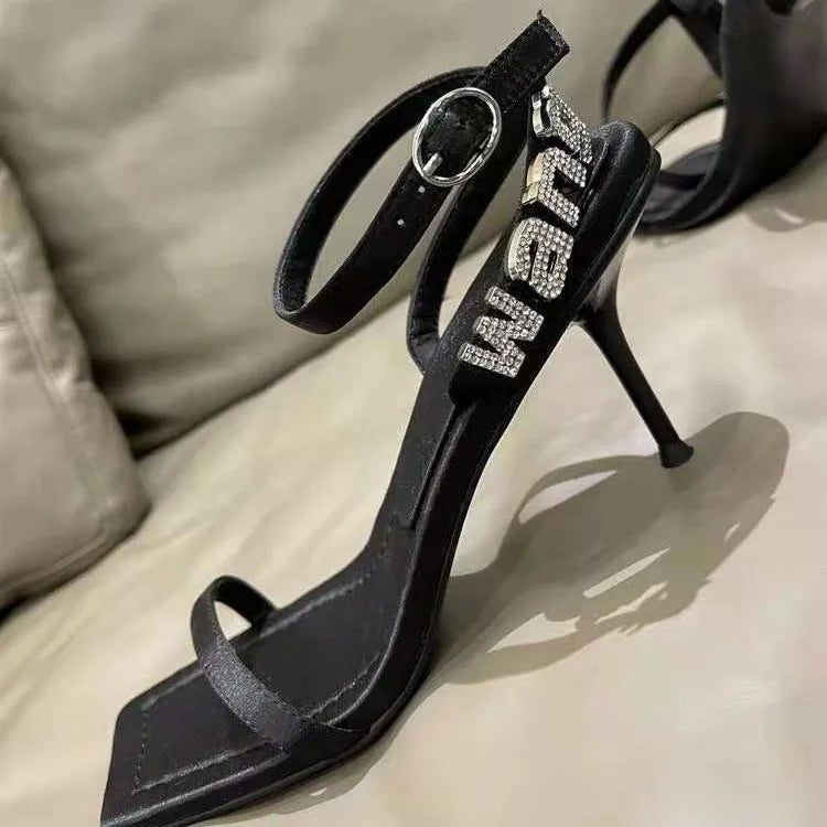 Sexy Black High Heel Sandals for Women - One Strap Buckle Summer Diamond Letter Square Heels - Perfect for Parties, Weddings & Date Nights
