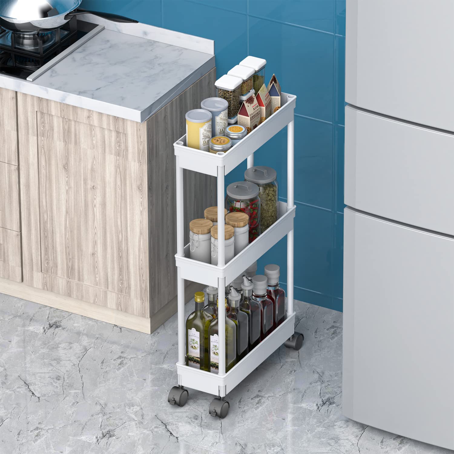 Sooyee 3-Tier Rolling Utility Cart with Wheels - Slim Narrow Storage Organizer for Office, Bathroom, Kitchen & Laundry Room - Under Desk Mobile Cabinet for Small Spaces - Perfect for Home, Dorm & Workspace Organization (White)