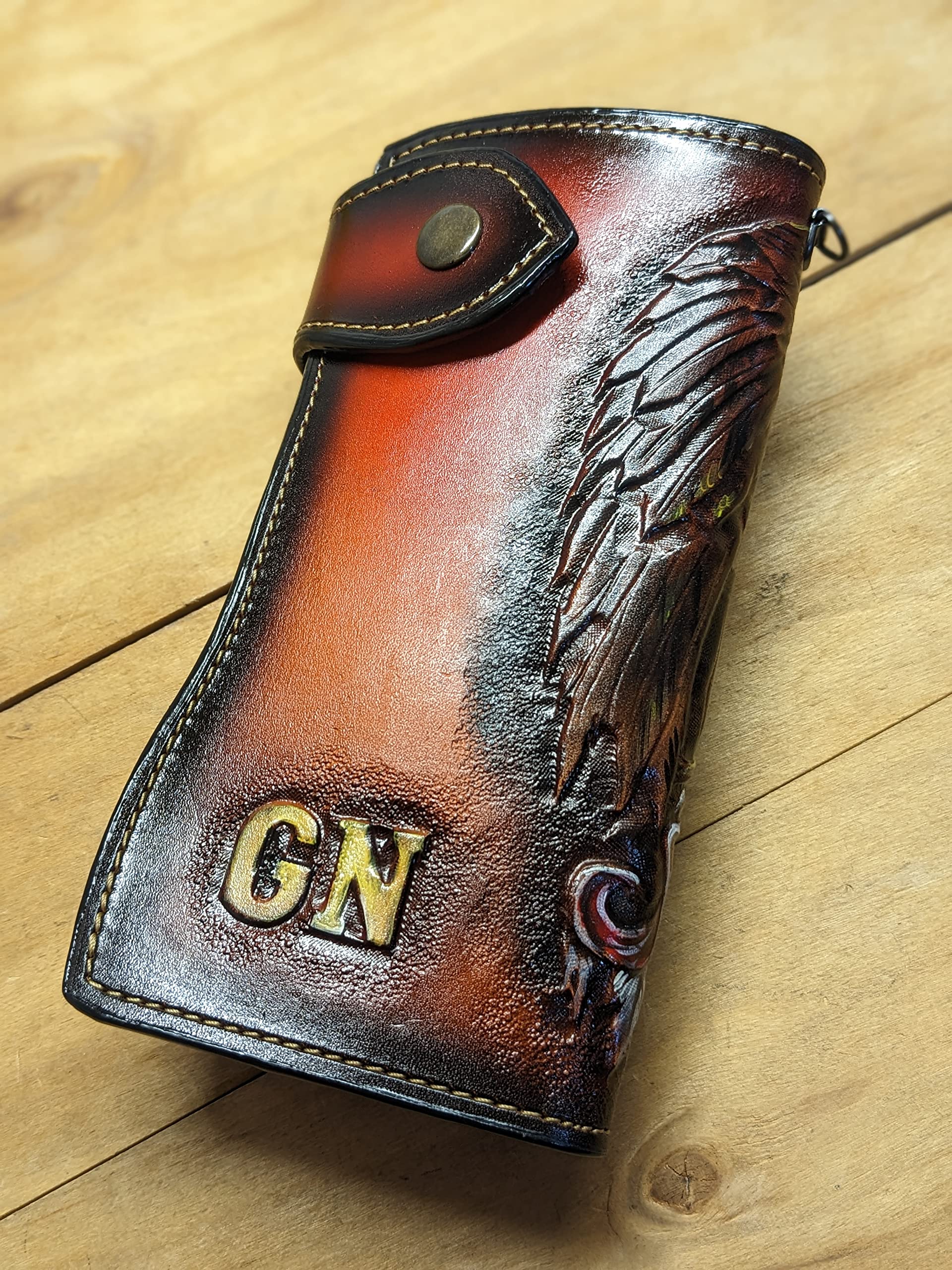 **Handcrafted 3D Genuine Leather Wallet for Men – Biker Wallet with Hand-Carved Bald Eagle & USA Flag Design – Custom Personalized Long Wallet for Everyday Use & Patriotic Gifts**