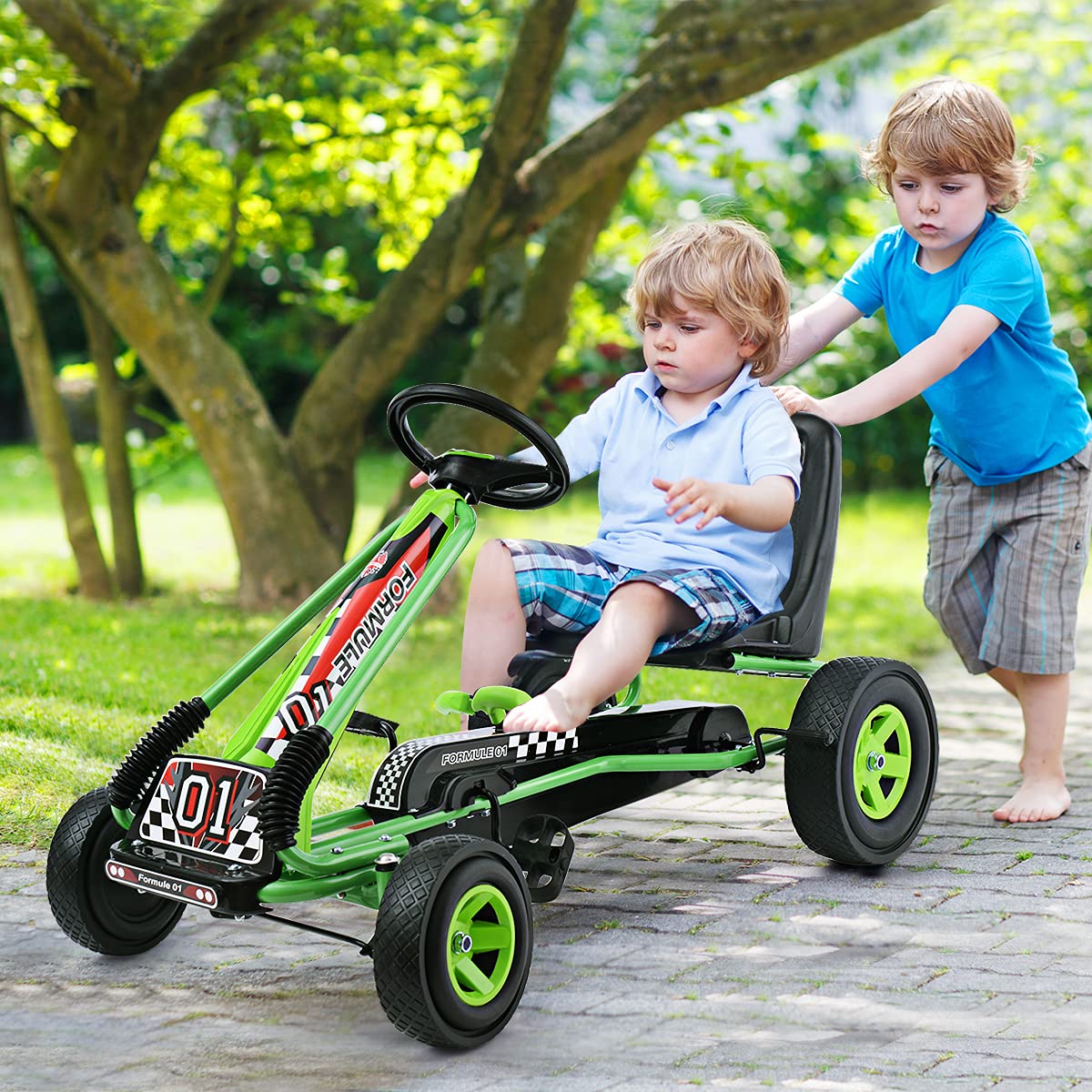 **HONEY JOY Kids Go Kart - Adjustable Seat, Safety Brakes & EVA Tires - Green Pedal-Powered Ride-On Car for Outdoor Play and Backyard Fun**