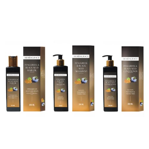 Herba Grace Fenugreek & Black Seed Hair Care Kit - Hair Oil & Conditioner 200ml Each | Frizz Control for Oily Scalp | Shiny, Silky Smooth Hair Treatment for Men & Women | Daily Hair Nourishment & Scalp Care Routine