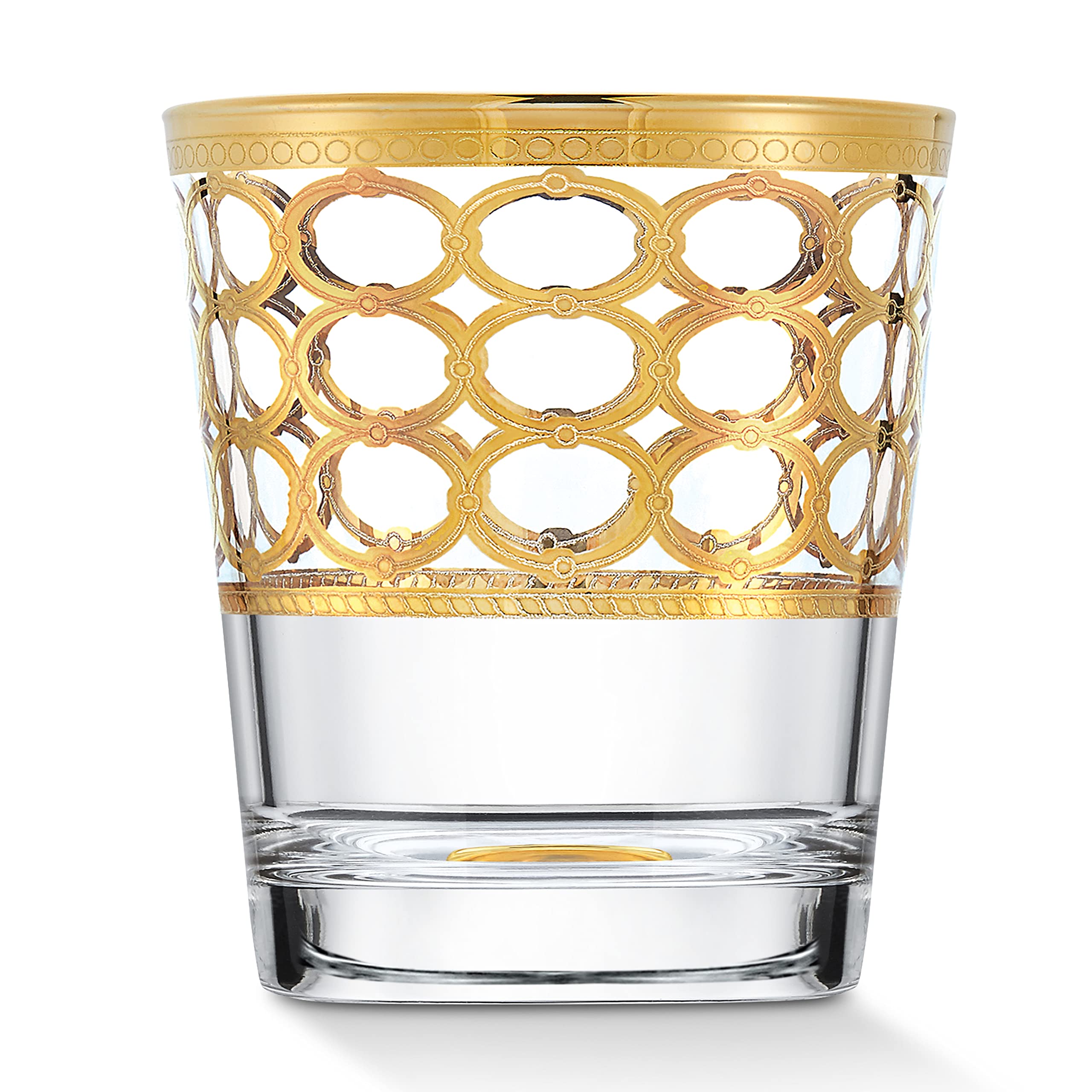 Elegant Modern Crystal Infinity Gold Ring Glassware Set - 10 oz Double Old Fashioned Glasses, Set of 4 for Parties, Weddings, and Special Events - Perfect for Cocktails, Whiskey, and Entertaining Guests